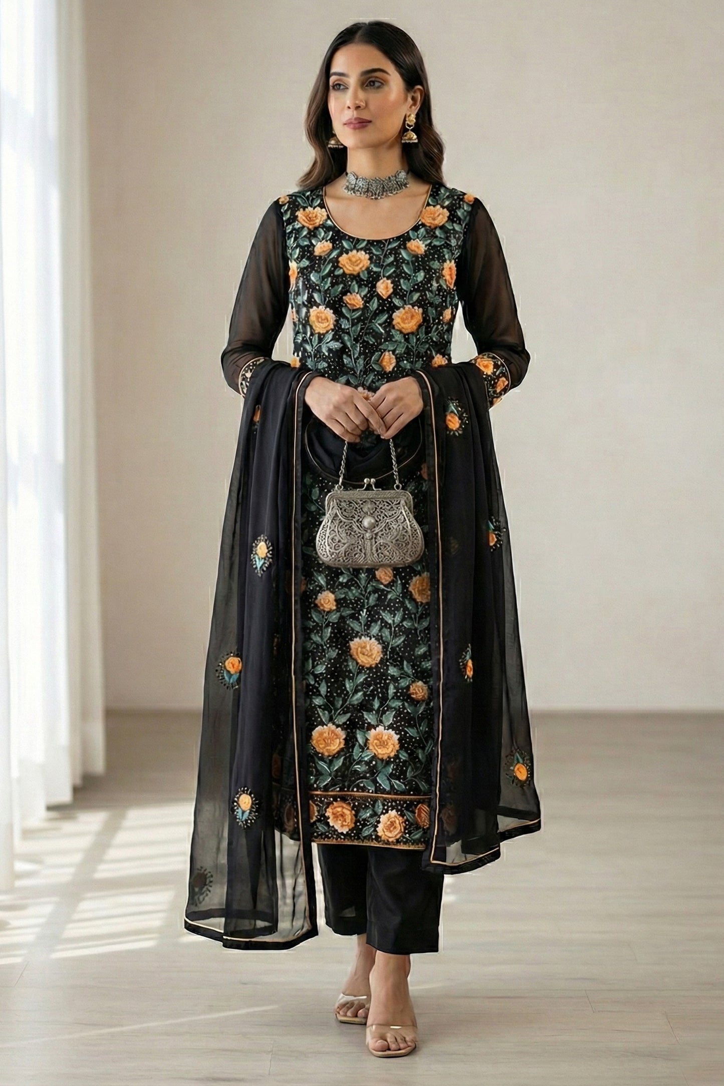 Black Readymade Embroidered Georgette Suit-SAR12761_1_SareeButa.com