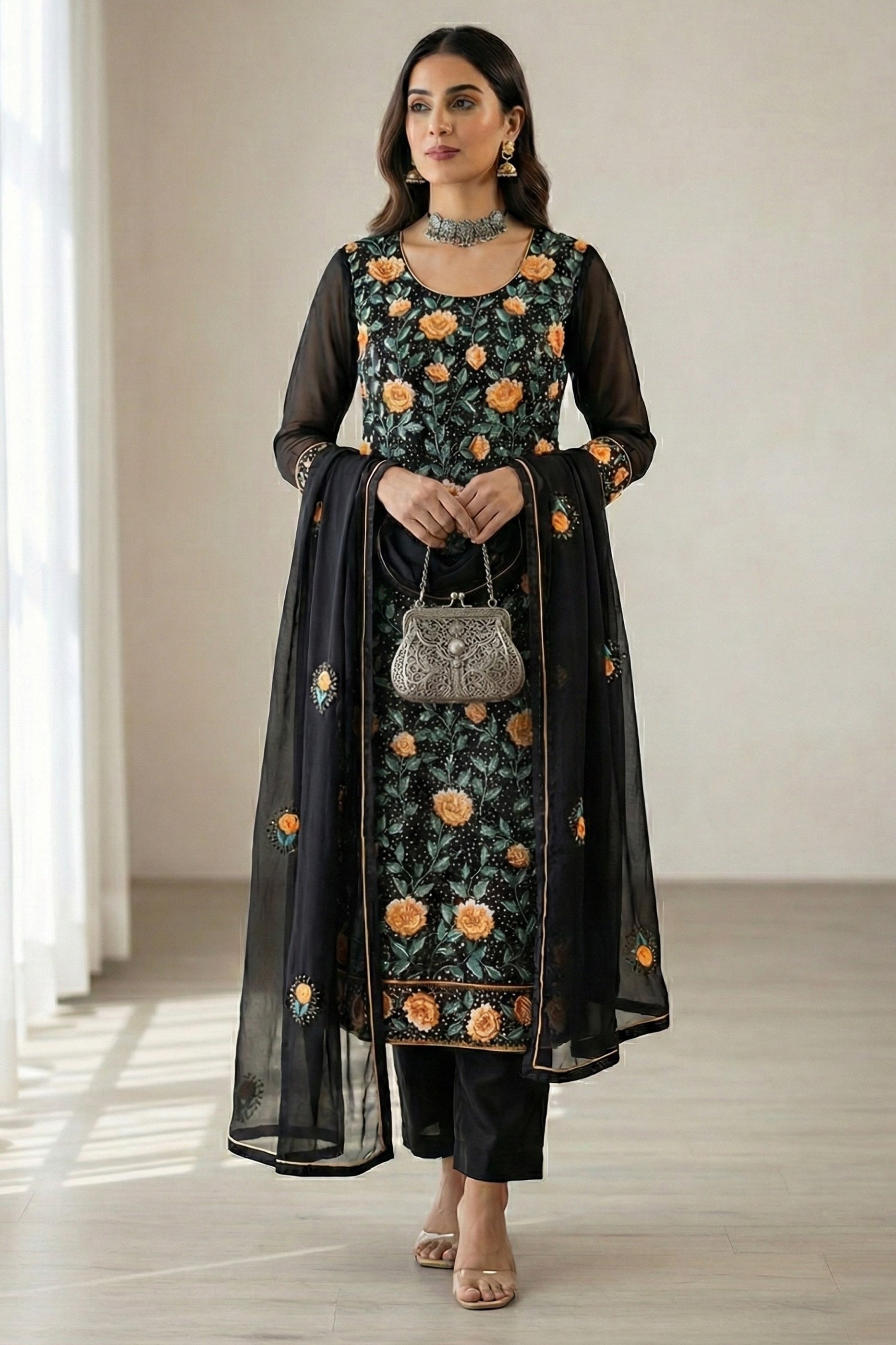 Black Readymade Embroidered Georgette Suit-SAR12761_1_SareeButa.com