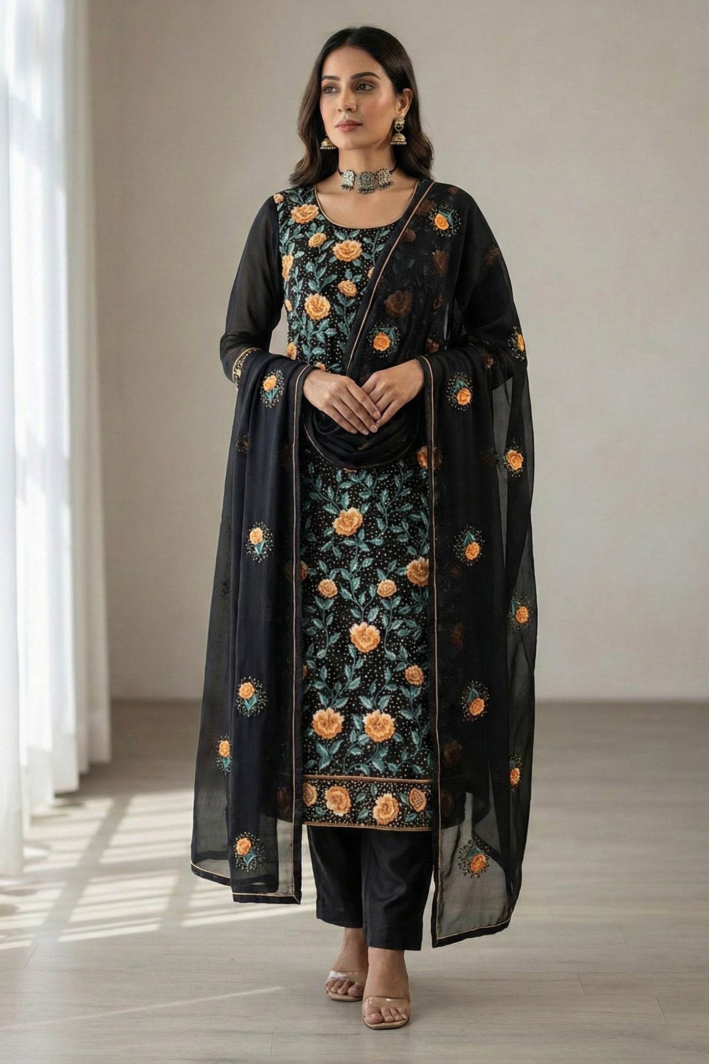 Black Readymade Embroidered Georgette Suit-SAR12761_2_SareeButa.com
