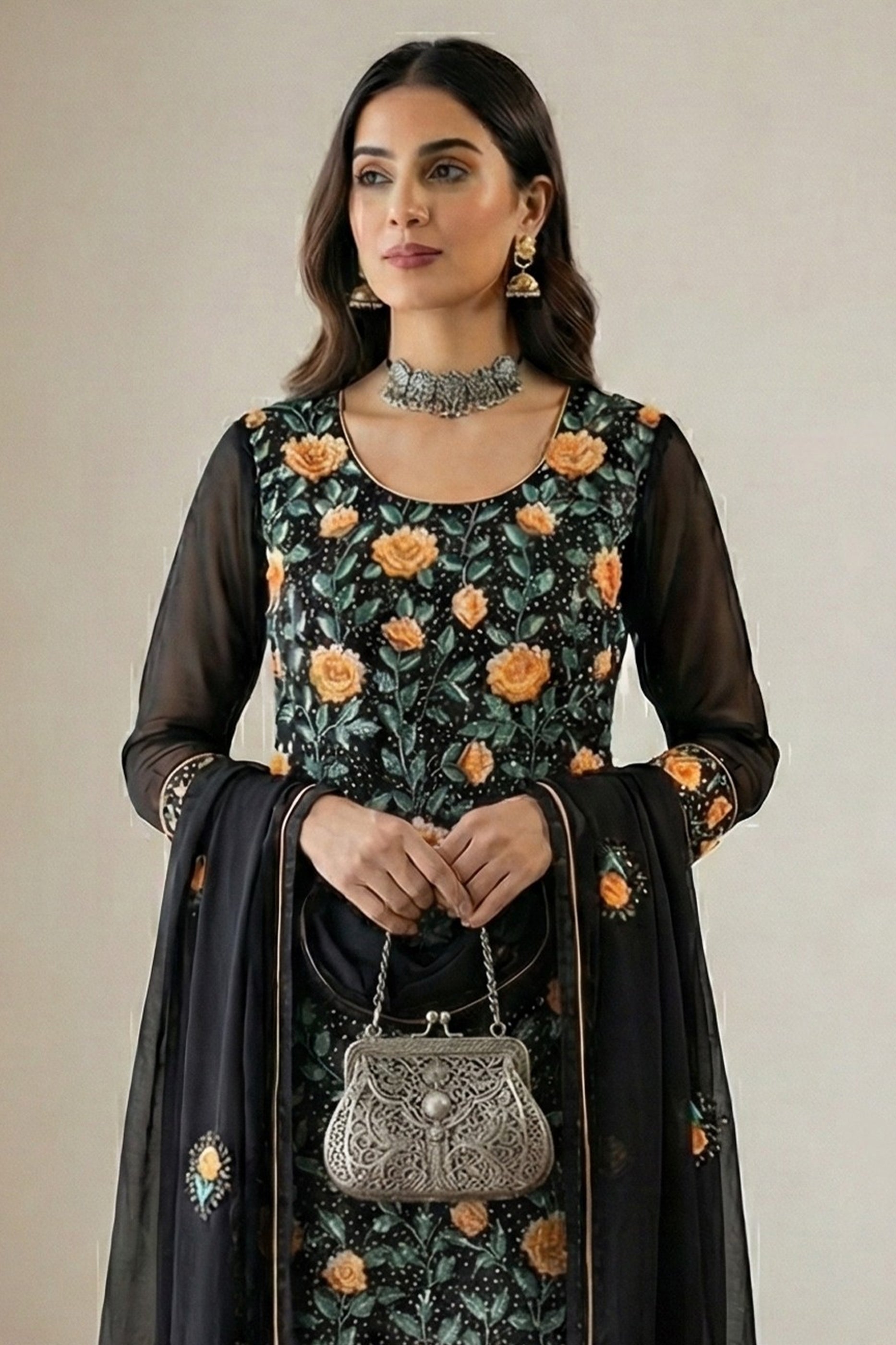 Black Readymade Embroidered Georgette Suit-SAR12761_3_SareeButa.com