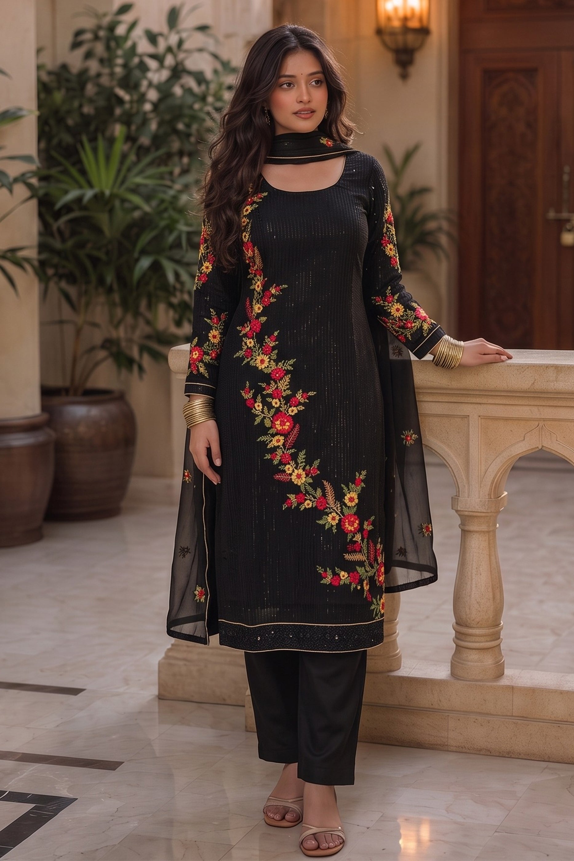 Black Readymade Embroidered Georgette Suit-SAR13126_1_SareeButa.com