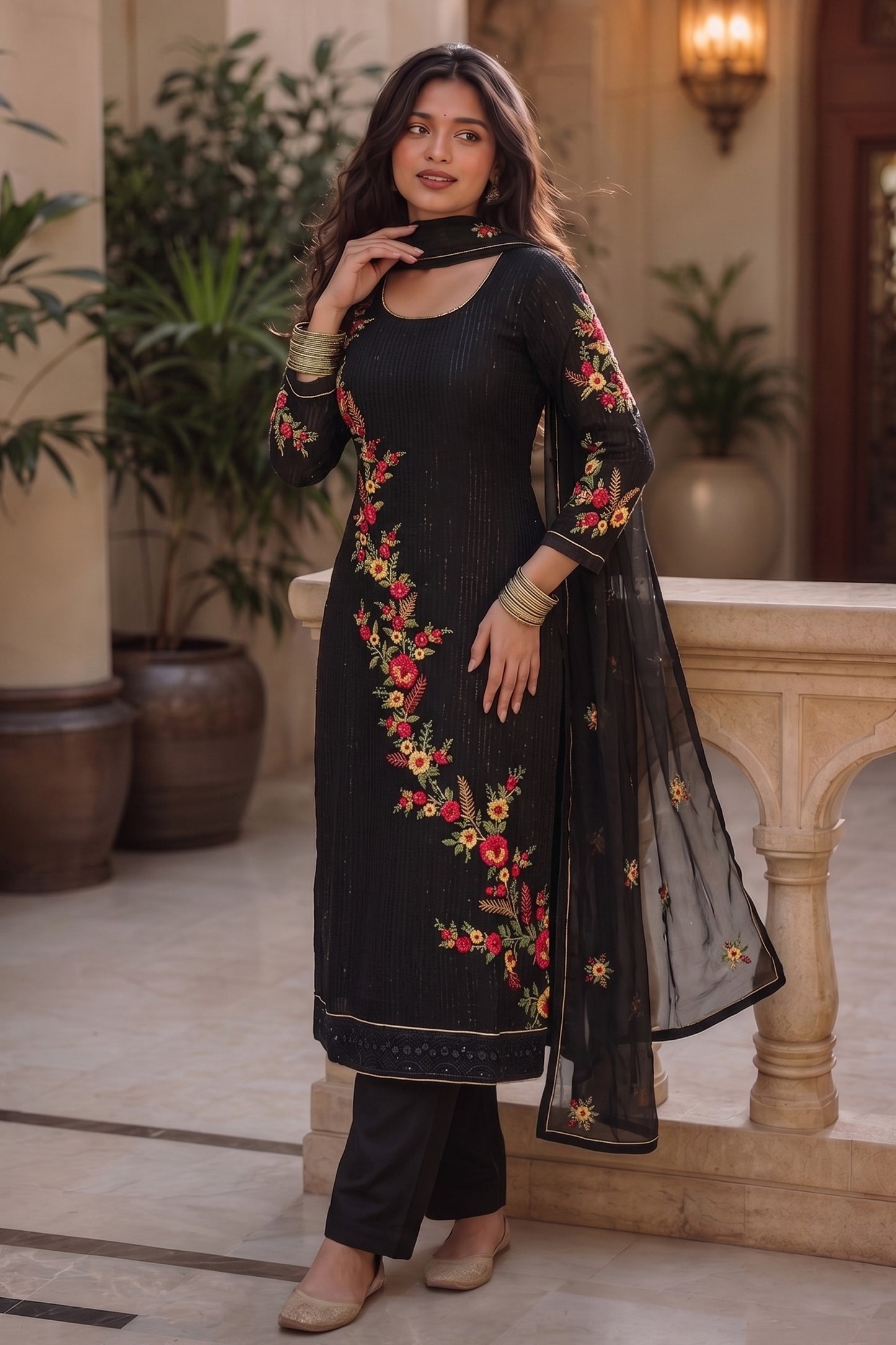 Black Readymade Embroidered Georgette Suit-SAR13126_2_SareeButa.com