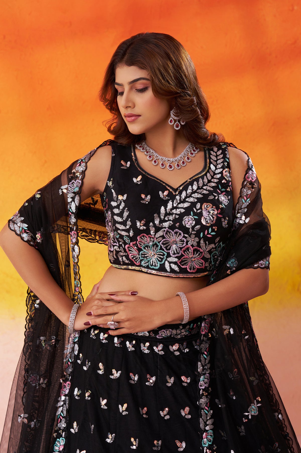 Black Readymade Embroidered Net Lehenga-SAR12894_2_SareeButa.com