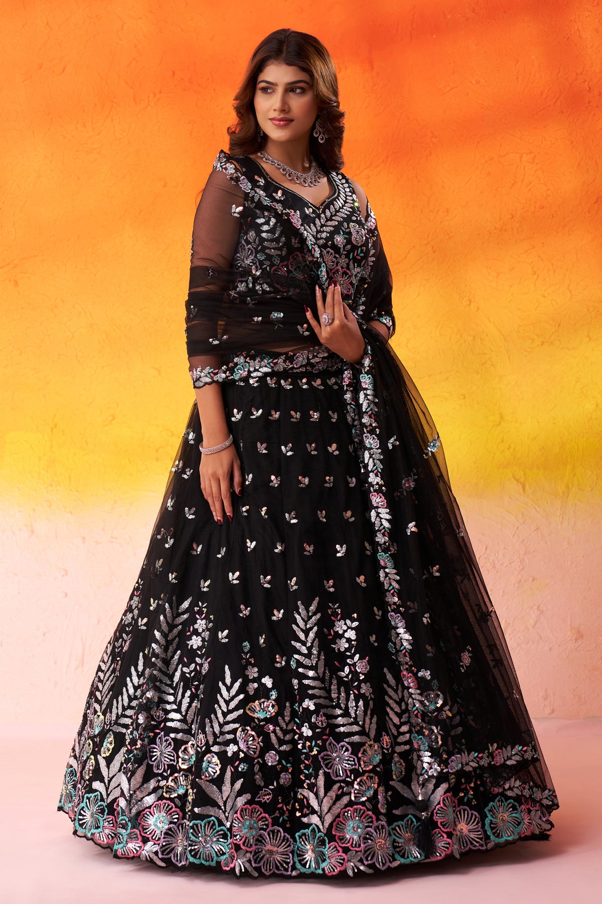 Black Readymade Embroidered Net Lehenga-SAR12894_3_SareeButa.com