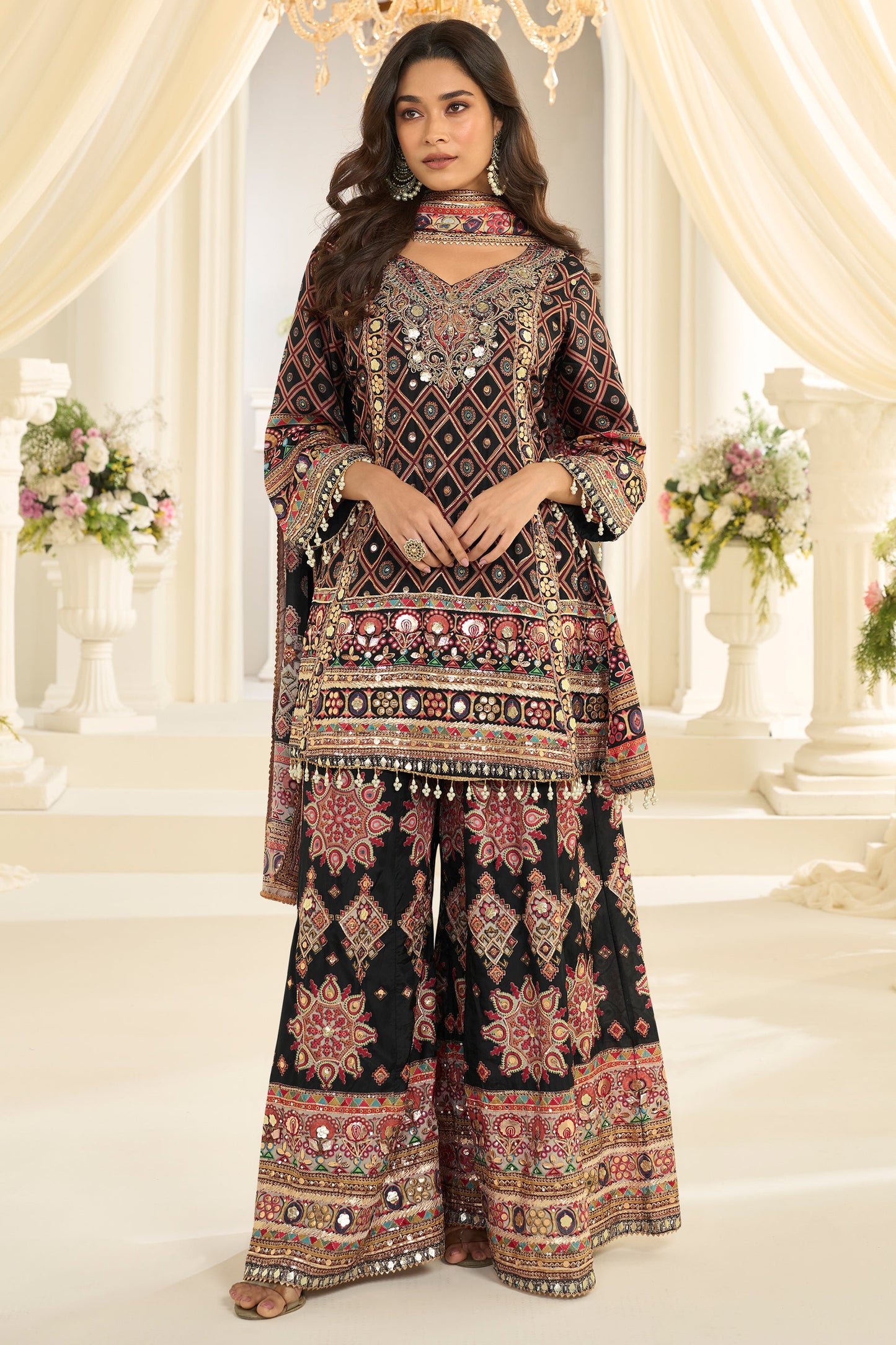 Black Readymade Embroidered Satin Silk Suit-SAR12113_1_SareeButa.com