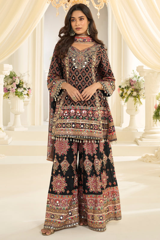 Black Readymade Embroidered Satin Silk Suit-SAR12113_1_SareeButa.com