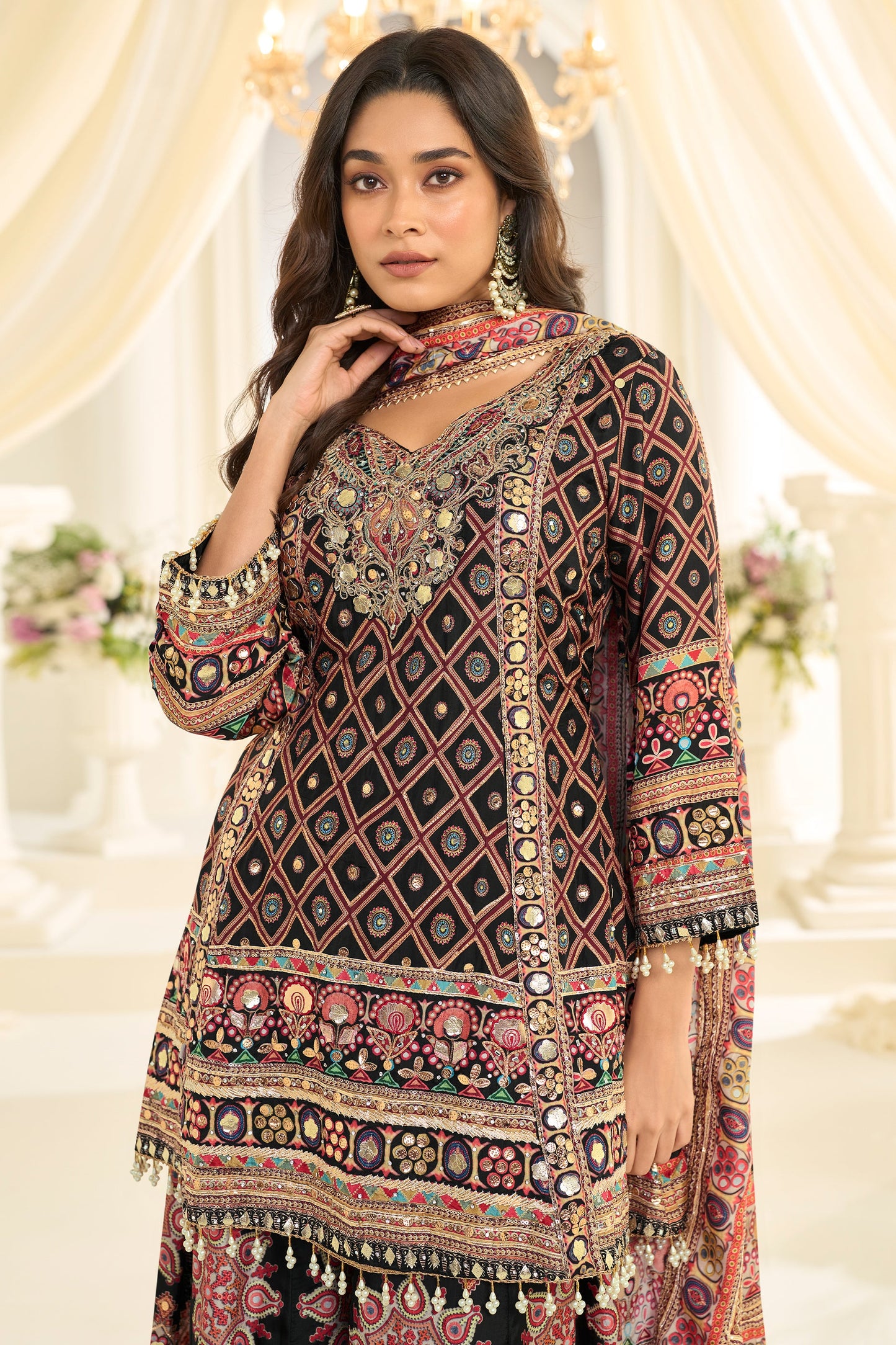 Black Readymade Embroidered Satin Silk Suit-SAR12113_2_SareeButa.com