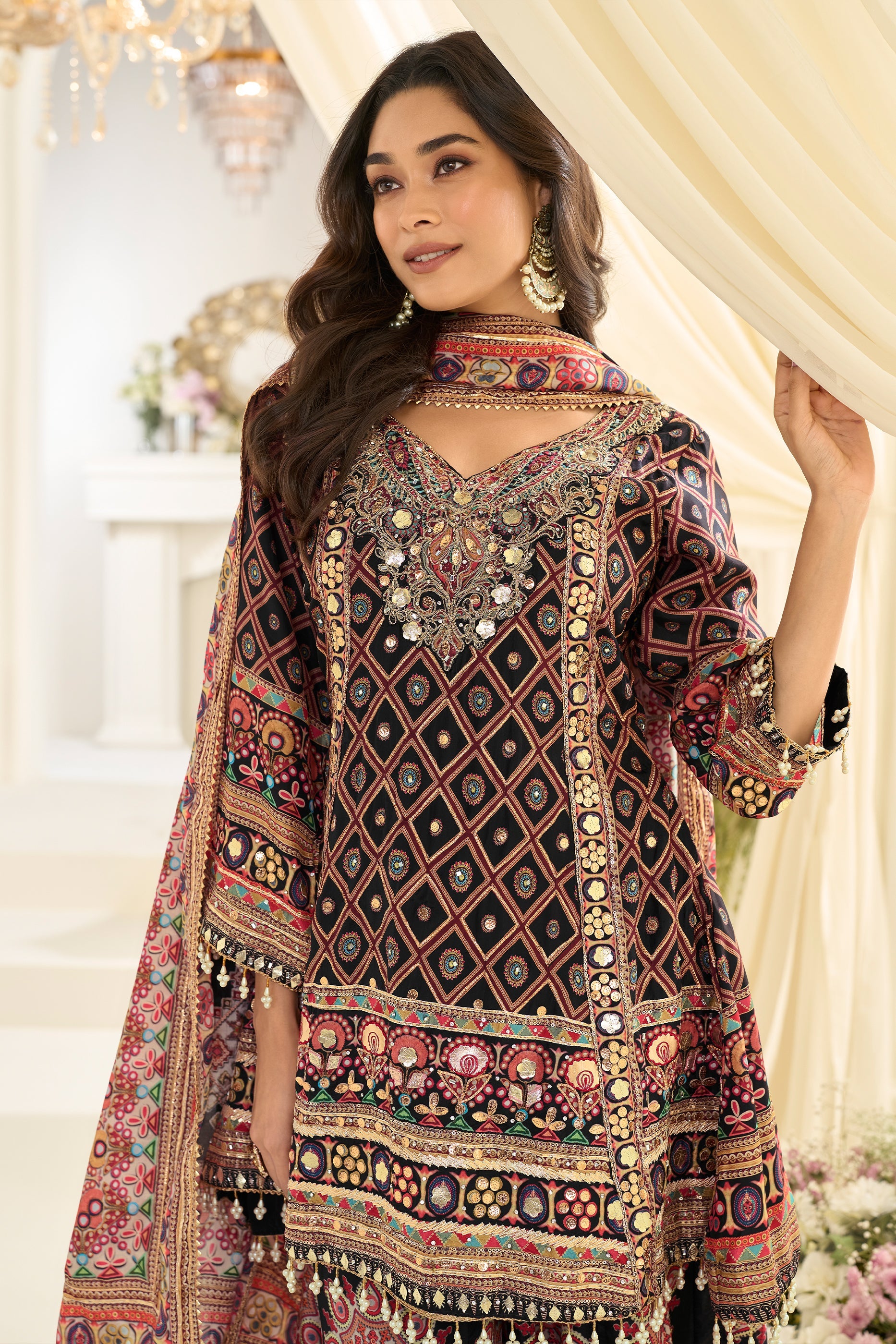 Black Readymade Embroidered Satin Silk Suit-SAR12113_3_SareeButa.com