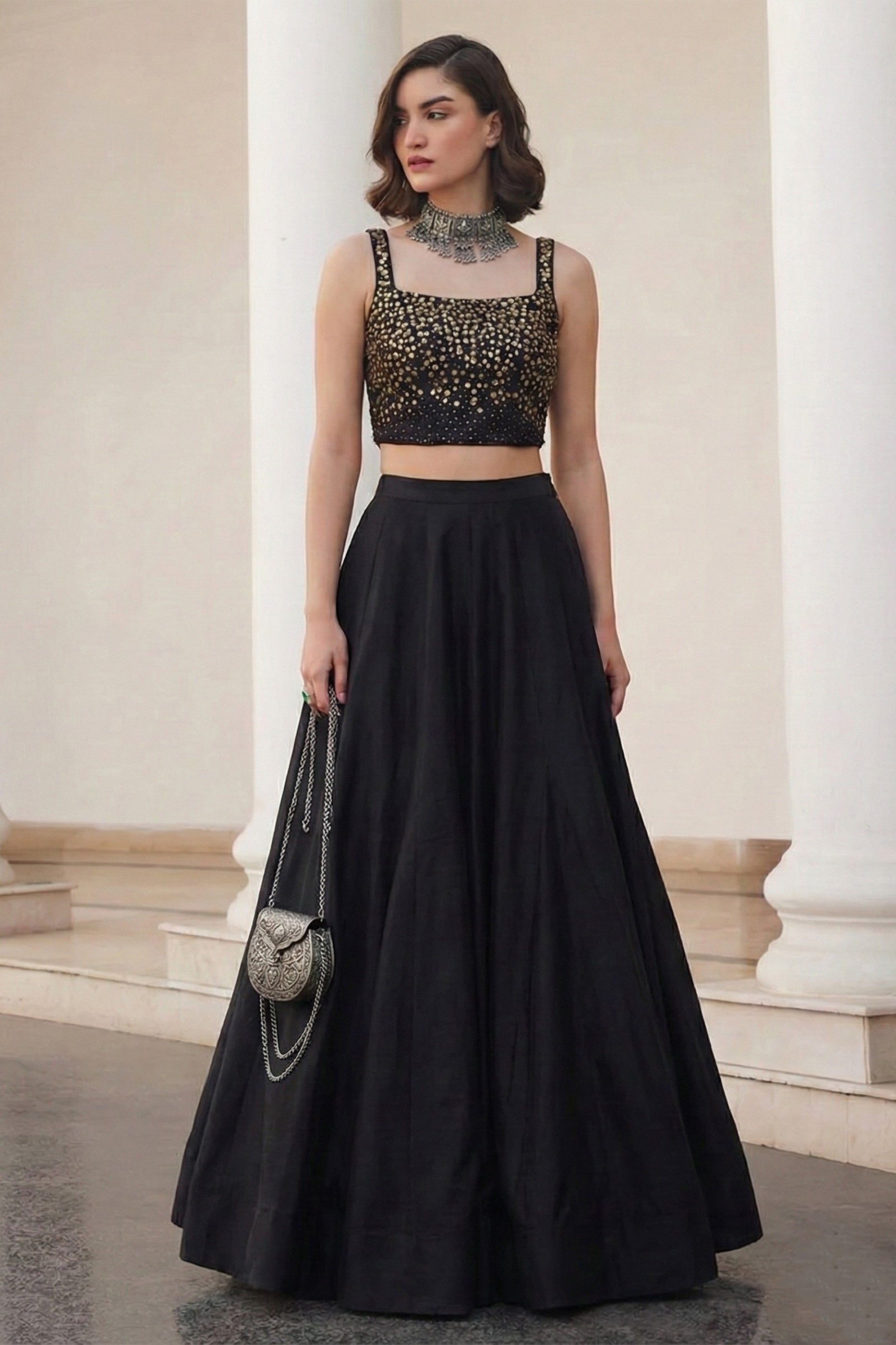 Black Readymade Embroidered Silk Skirt Set-SAR12778_1_SareeButa.com