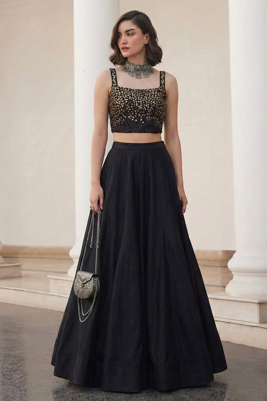 Black Readymade Embroidered Silk Skirt Set-SAR12778_1_SareeButa.com