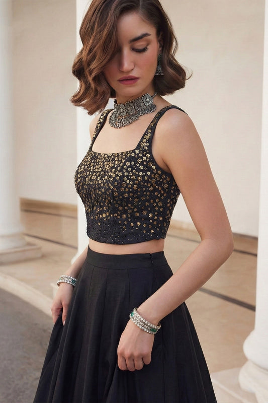 Black Readymade Embroidered Silk Skirt Set-SAR12778_2_SareeButa.com
