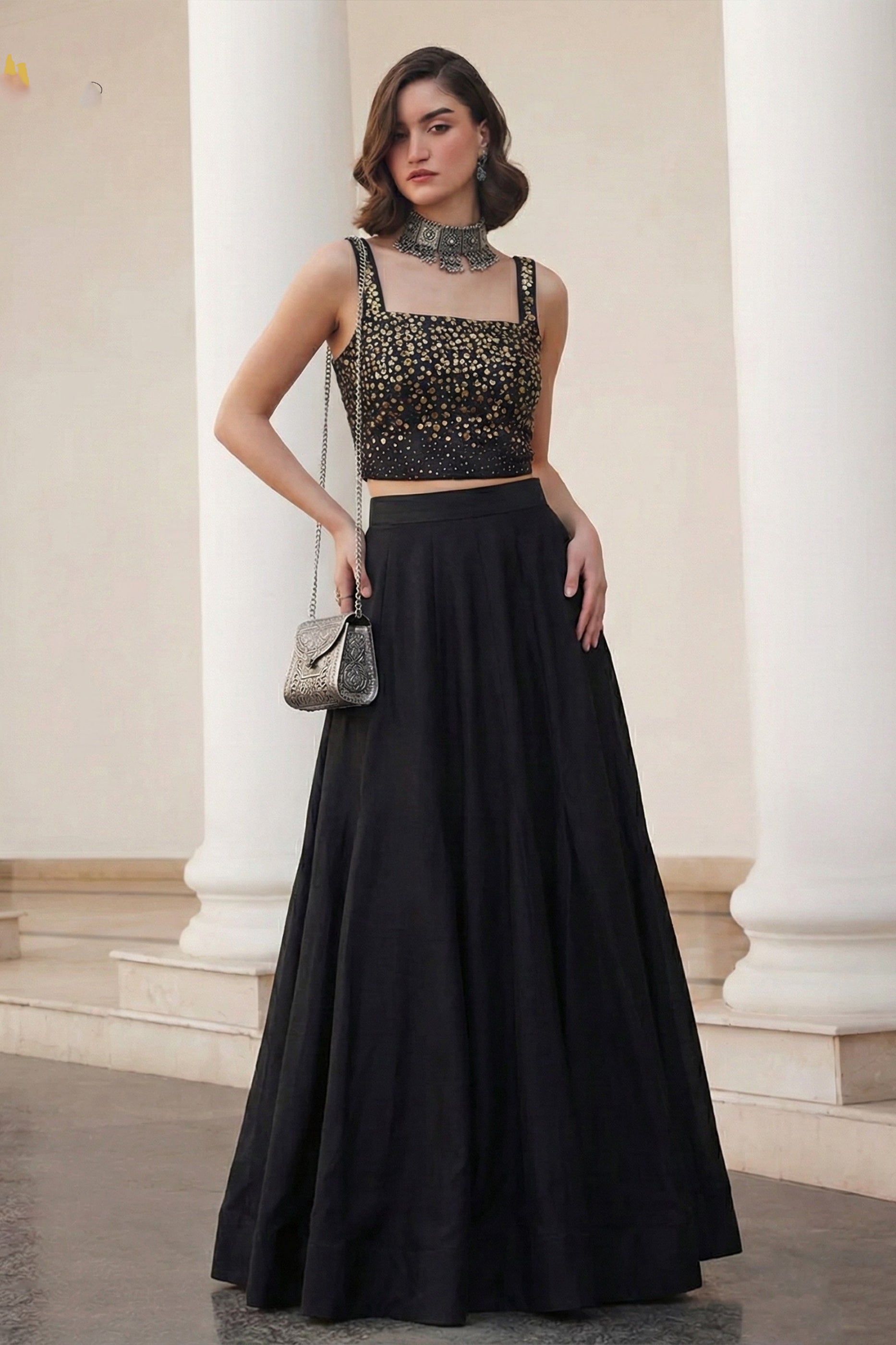 Black Readymade Embroidered Silk Skirt Set-SAR12778_4_SareeButa.com