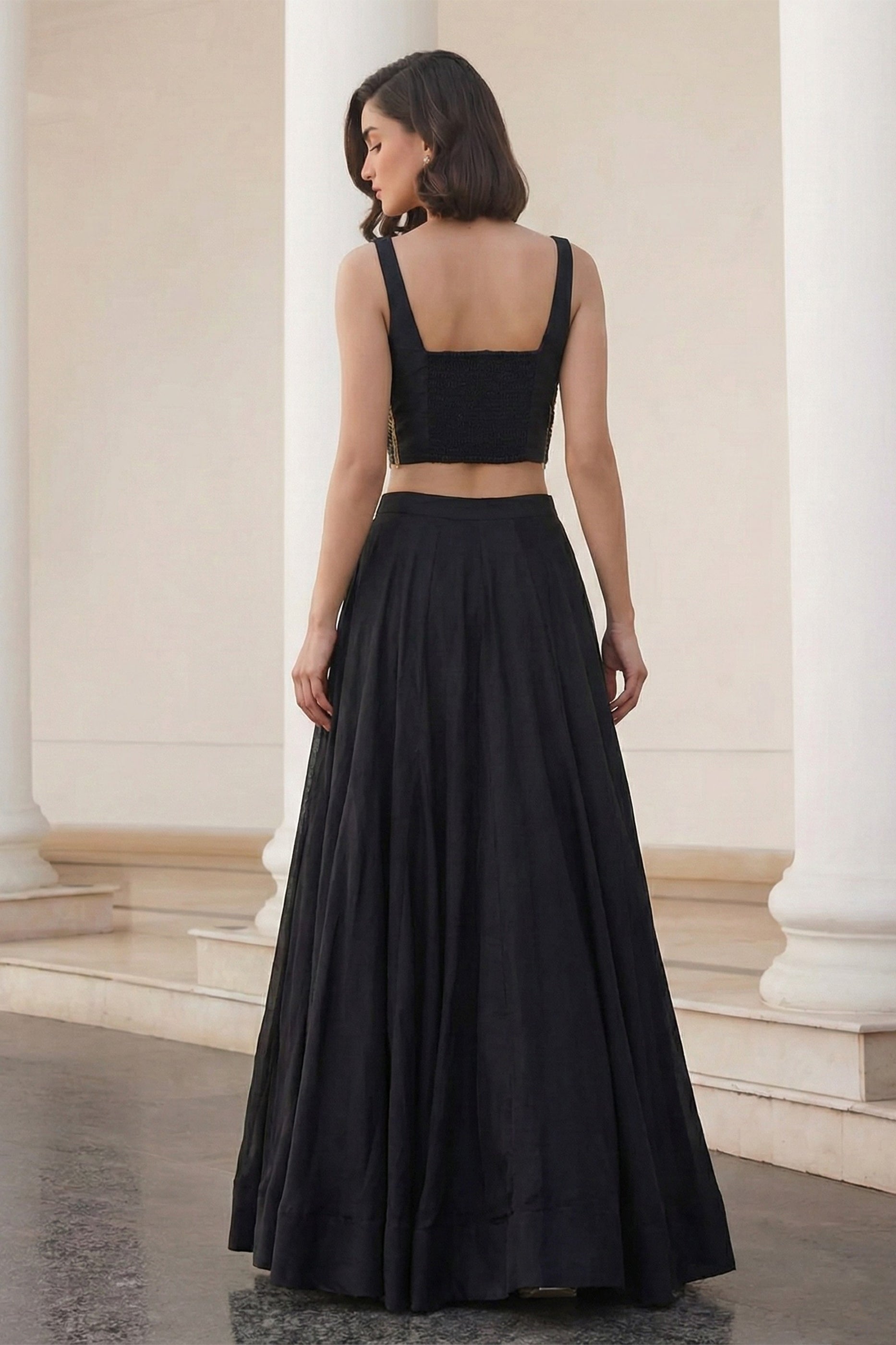 Black Readymade Embroidered Silk Skirt Set-SAR12778_5_SareeButa.com