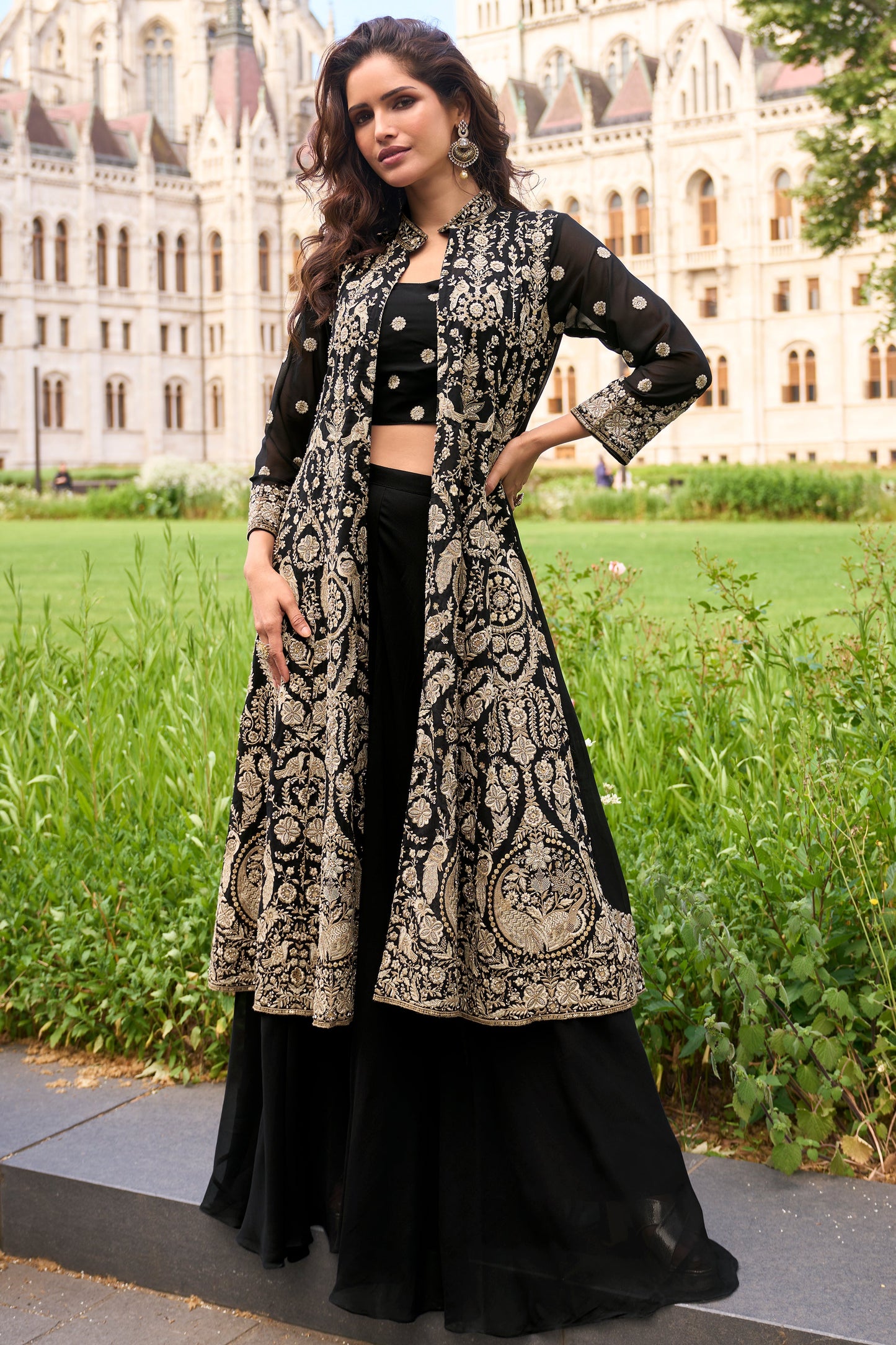 Black Readymade Georgette Palazzo Set with Jacket-SS899_1_SareeButa.com