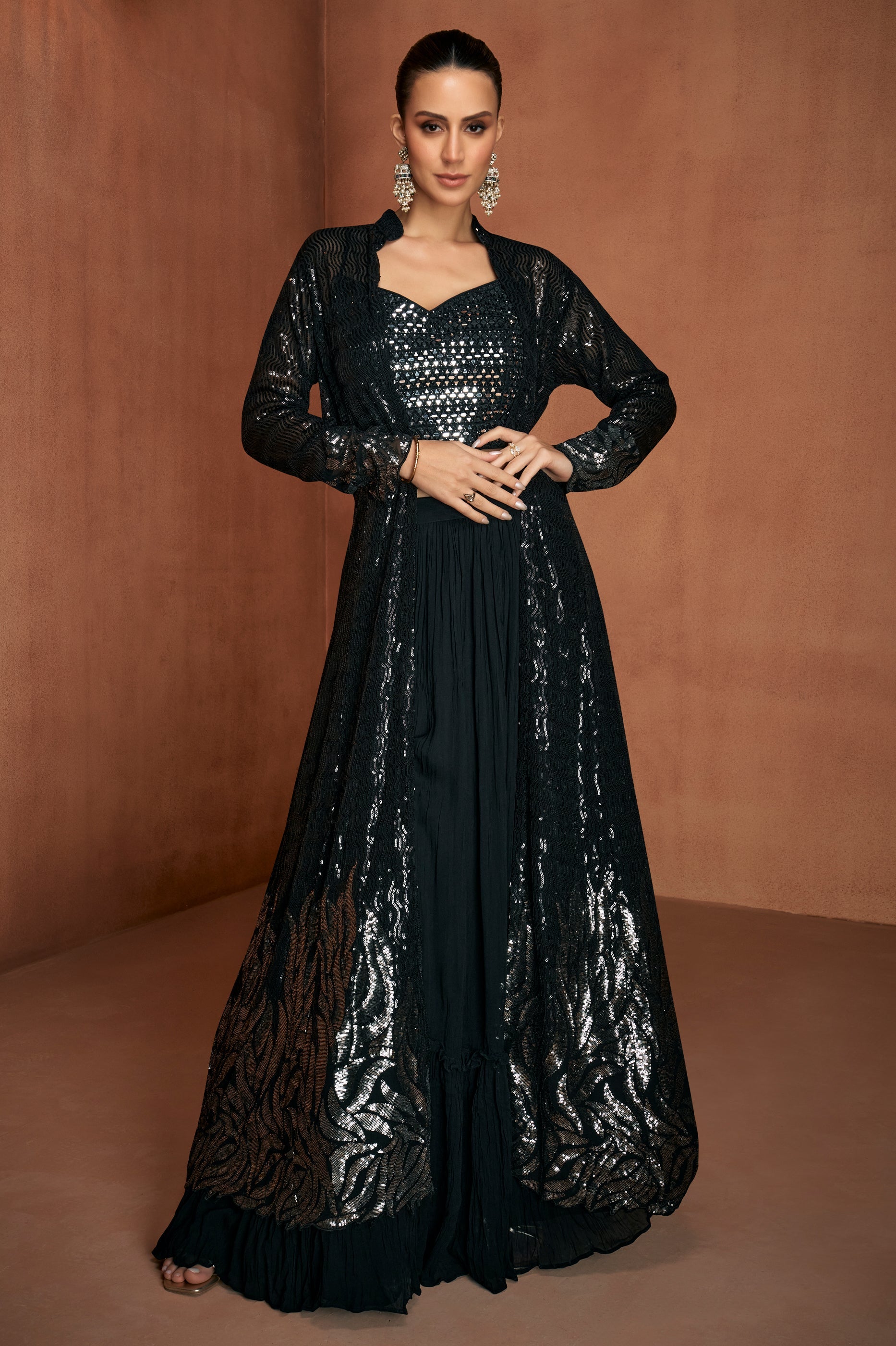 Black Readymade Georgette Skirt Set With Shrug-SAR12149_1_SareeButa.com