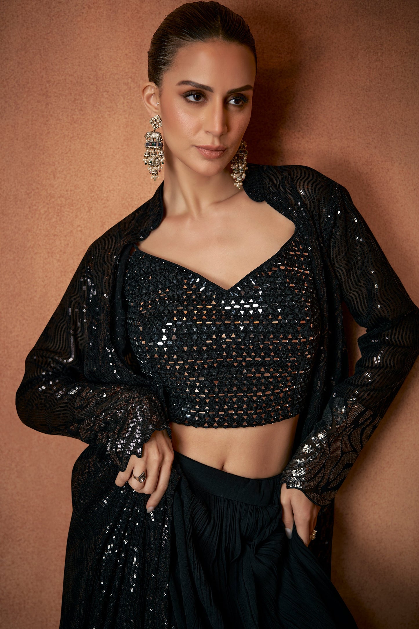 Black Readymade Georgette Skirt Set With Shrug-SAR12149_2_SareeButa.com