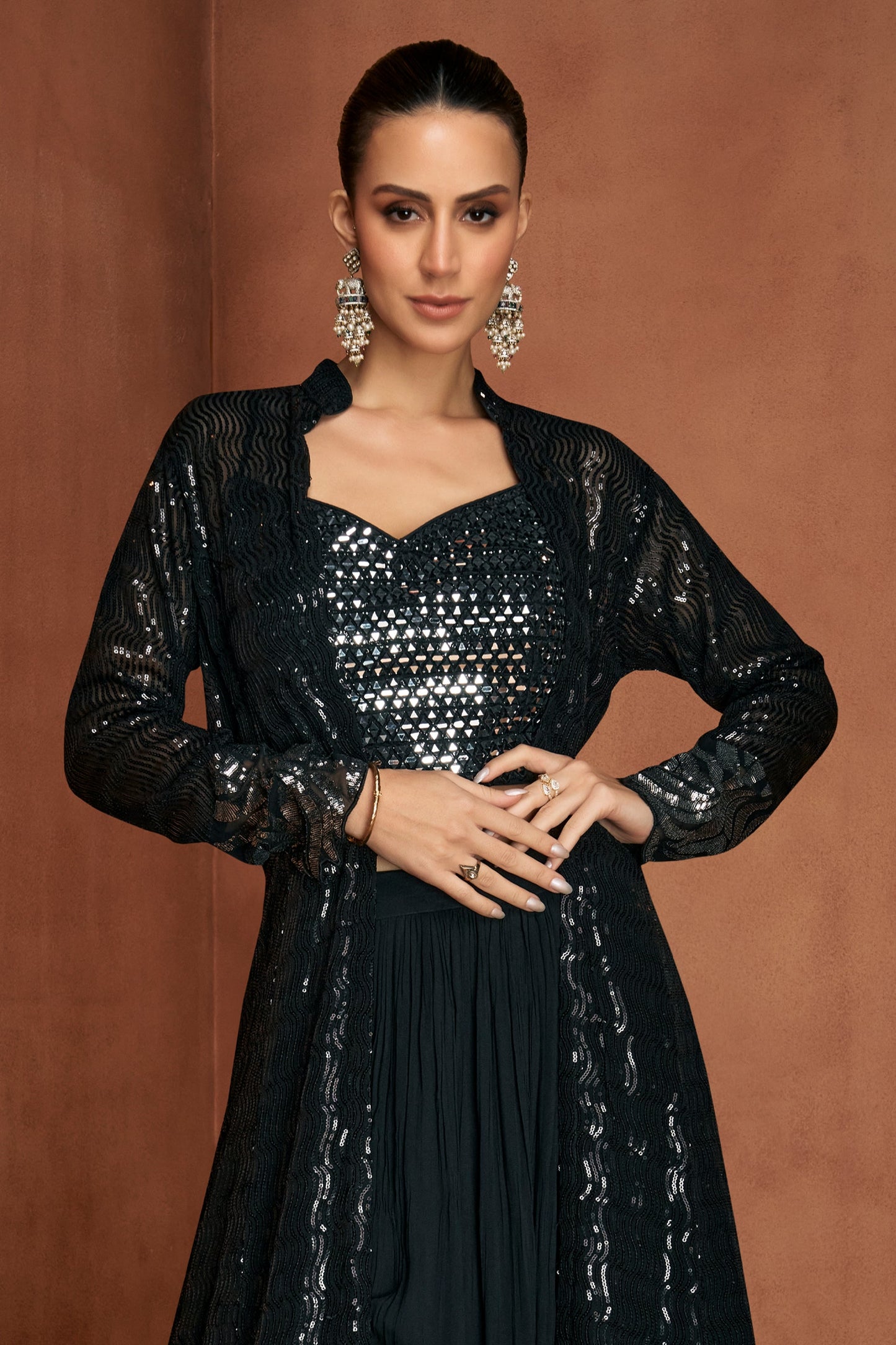 Black Readymade Georgette Skirt Set With Shrug-SAR12149_3_SareeButa.com