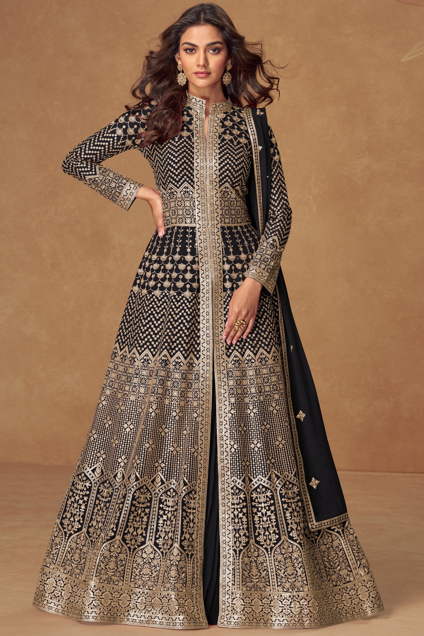 Black Readymade Heavy Work Georgette Skirt Suit-SS759_1_SareeButa.com