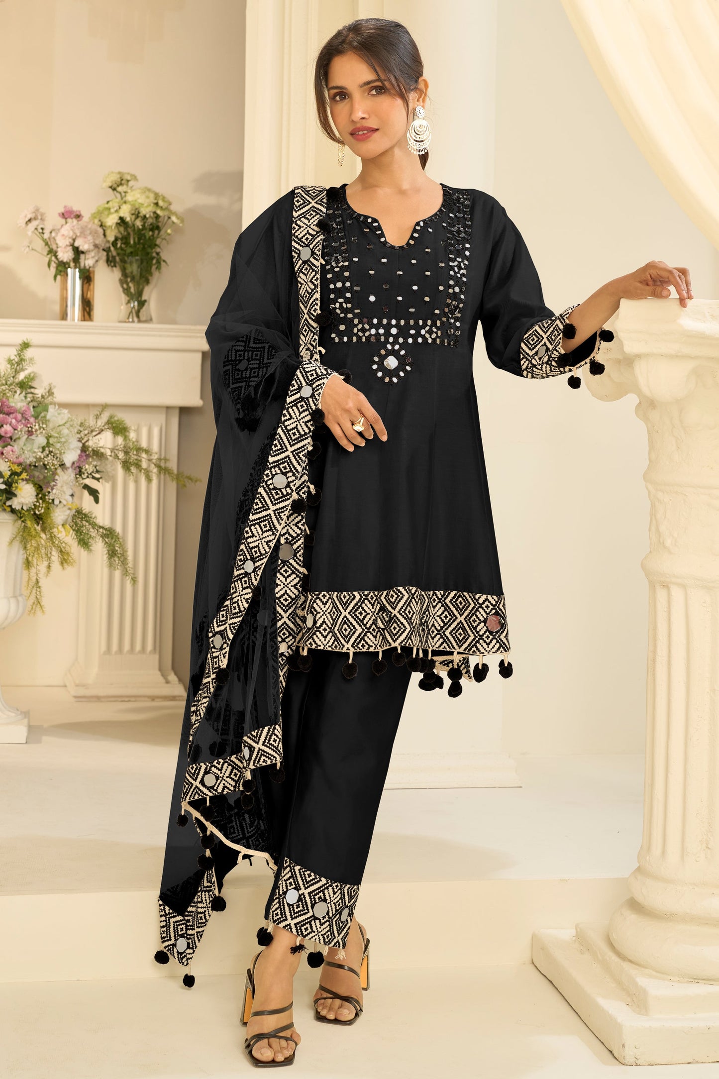 Black Readymade Mirror Work Silk A-line Suit-SAR12167_1_SareeButa.com