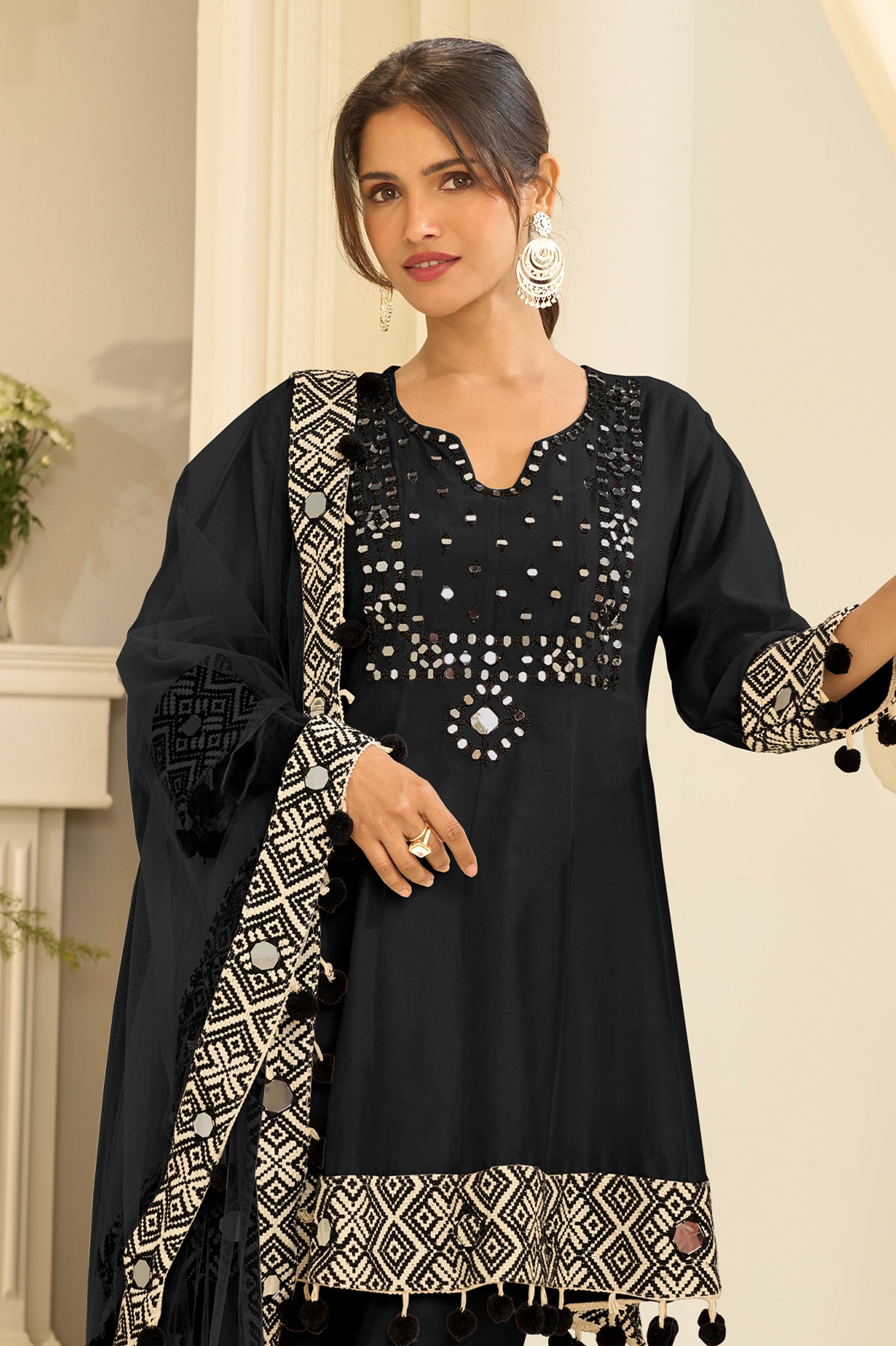 Black Readymade Mirror Work Silk A-line Suit-SAR12167_3_SareeButa.com