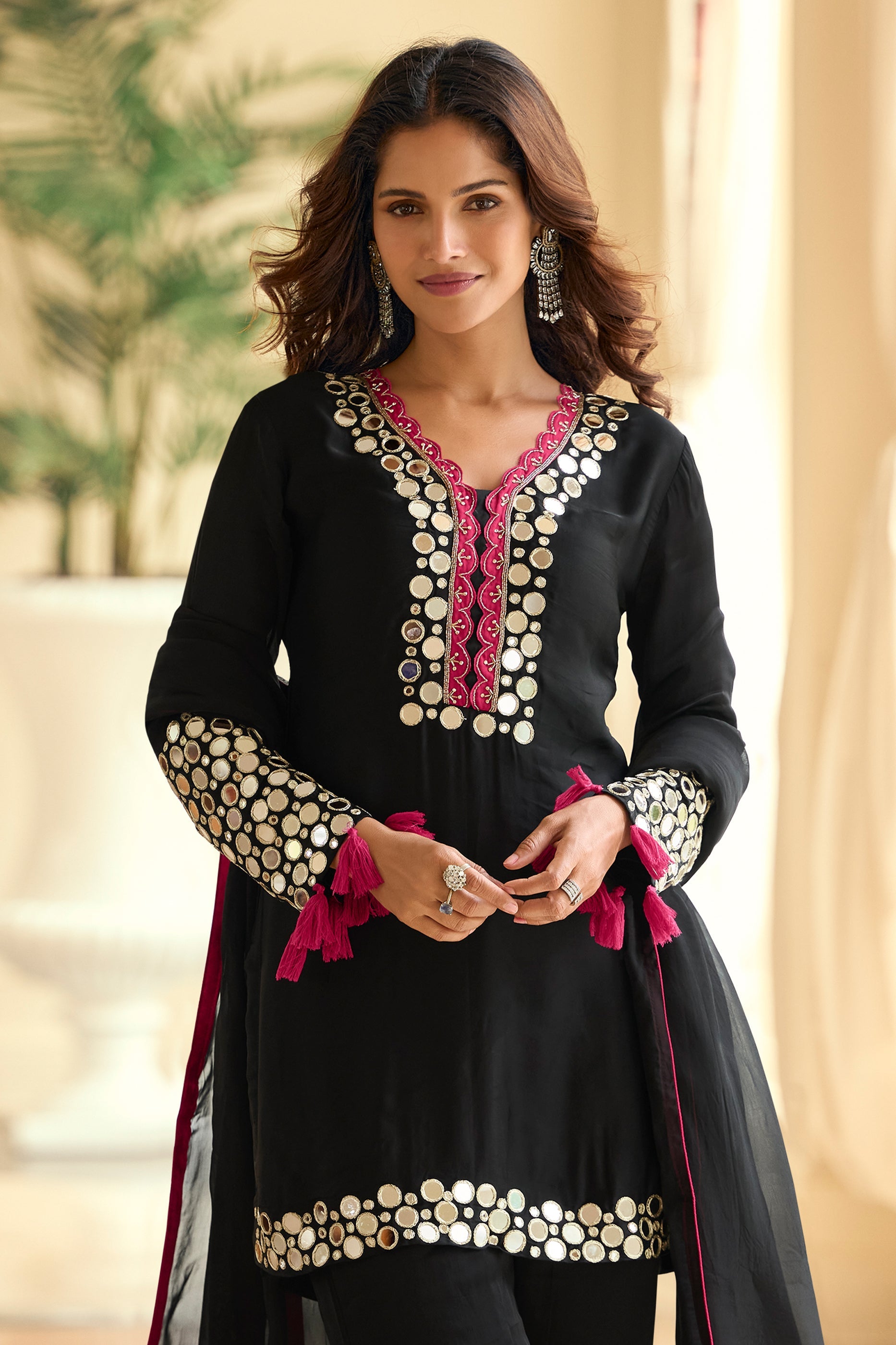 Black Readymade Mirror Work Silk Suit-SAR11984_3_SareeButa.com