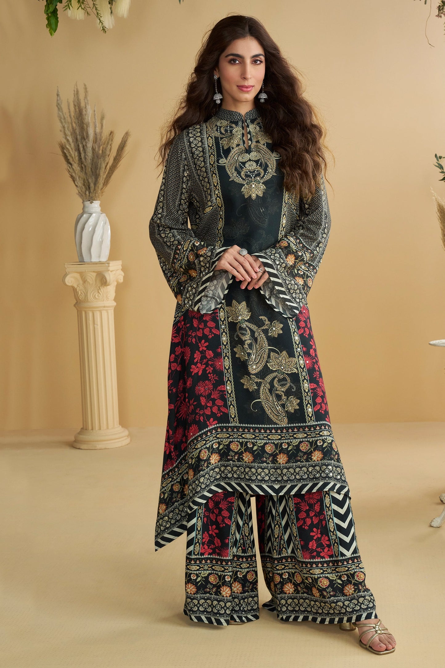 Black Readymade Printed Crepe Palazzo Set-SAR11065_1_SareeButa.com