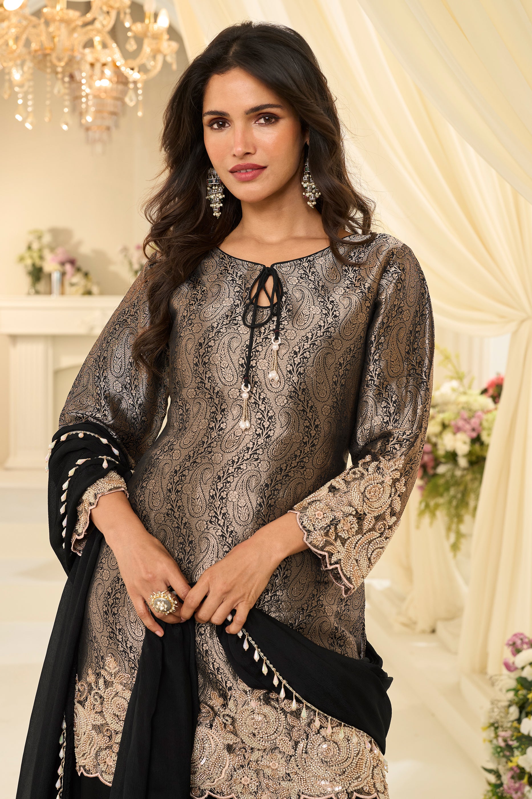 Black Readymade Viscose Jacquard Silk Suit-SAR12212_2_SareeButa.com