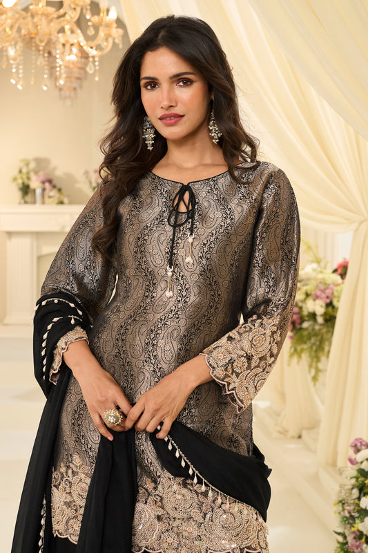 Black Readymade Viscose Jacquard Silk Suit-SAR12212_2_SareeButa.com