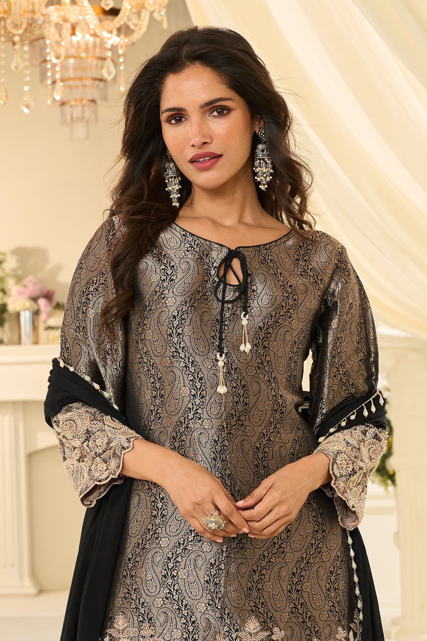Black Readymade Viscose Jacquard Silk Suit-SAR12212_3_SareeButa.com