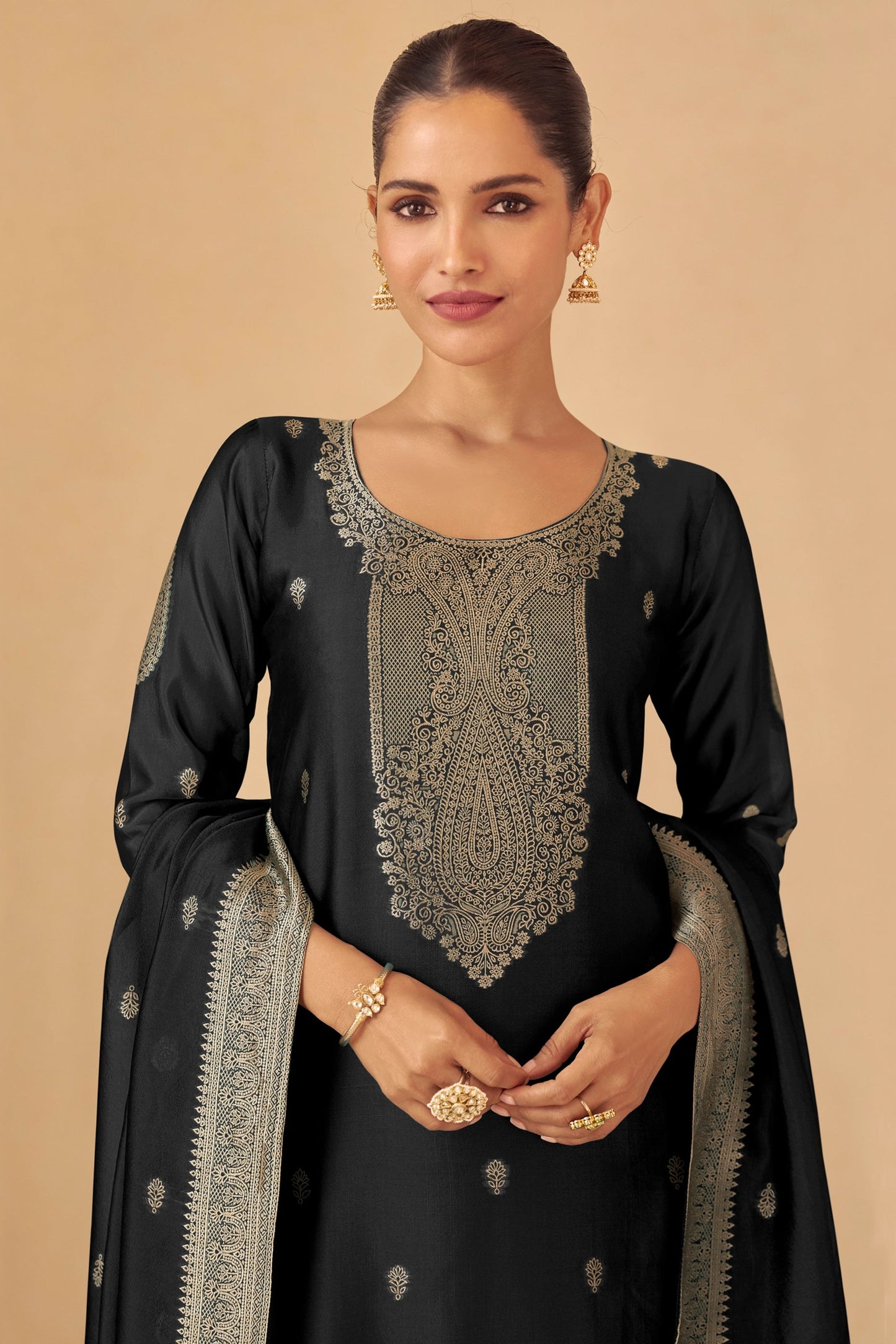 Black Readymade Viscose Silk Suit-SAR11077_2_SareeButa.com