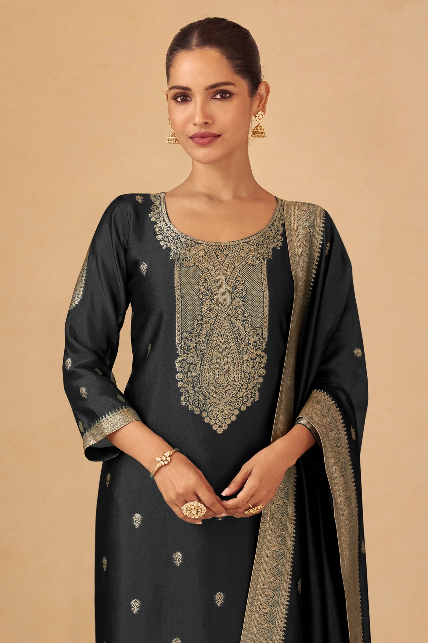 Black Readymade Viscose Silk Suit-SAR11077_3_SareeButa.com