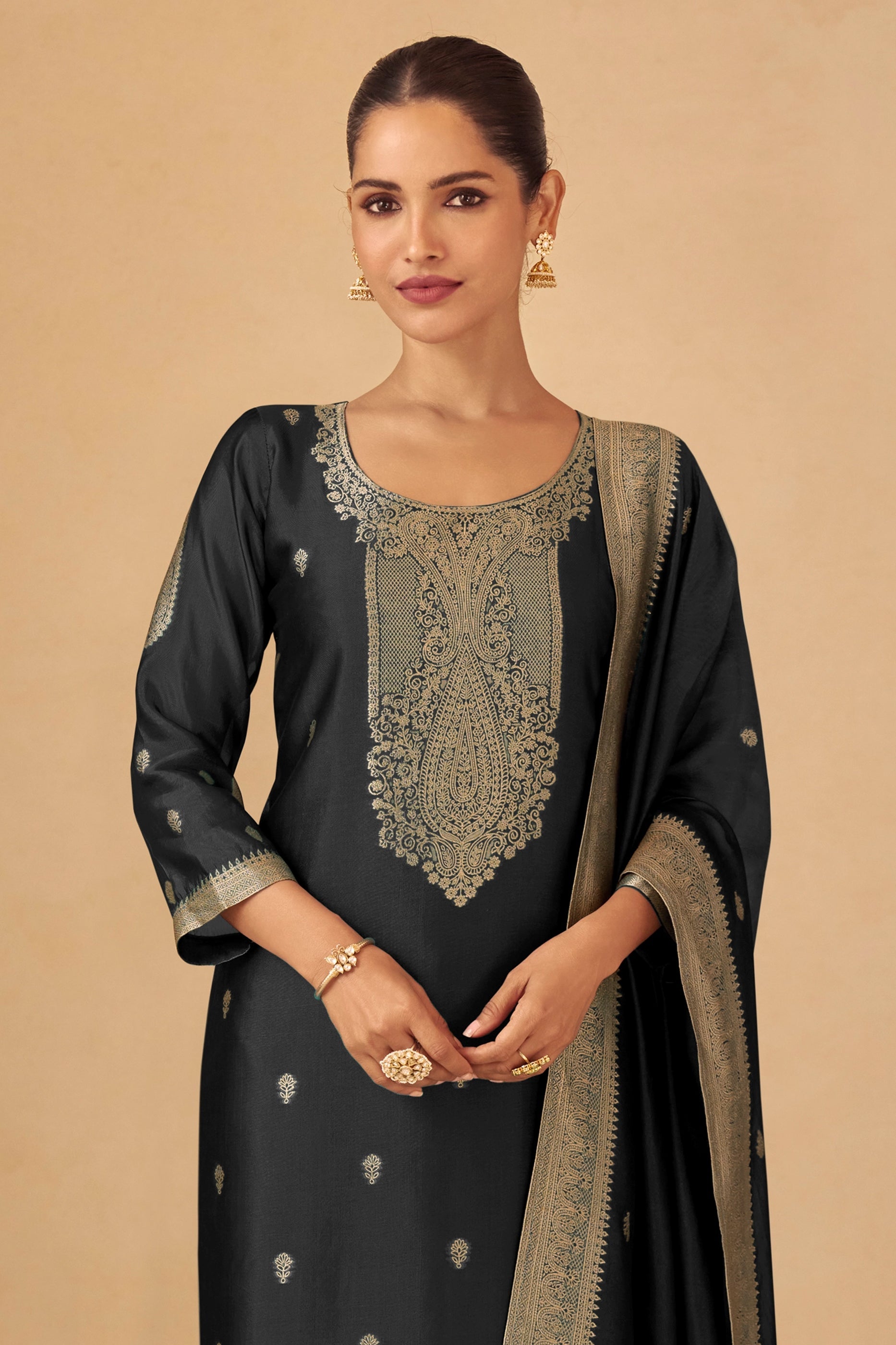 Black Readymade Viscose Silk Suit-SAR11077_3_SareeButa.com