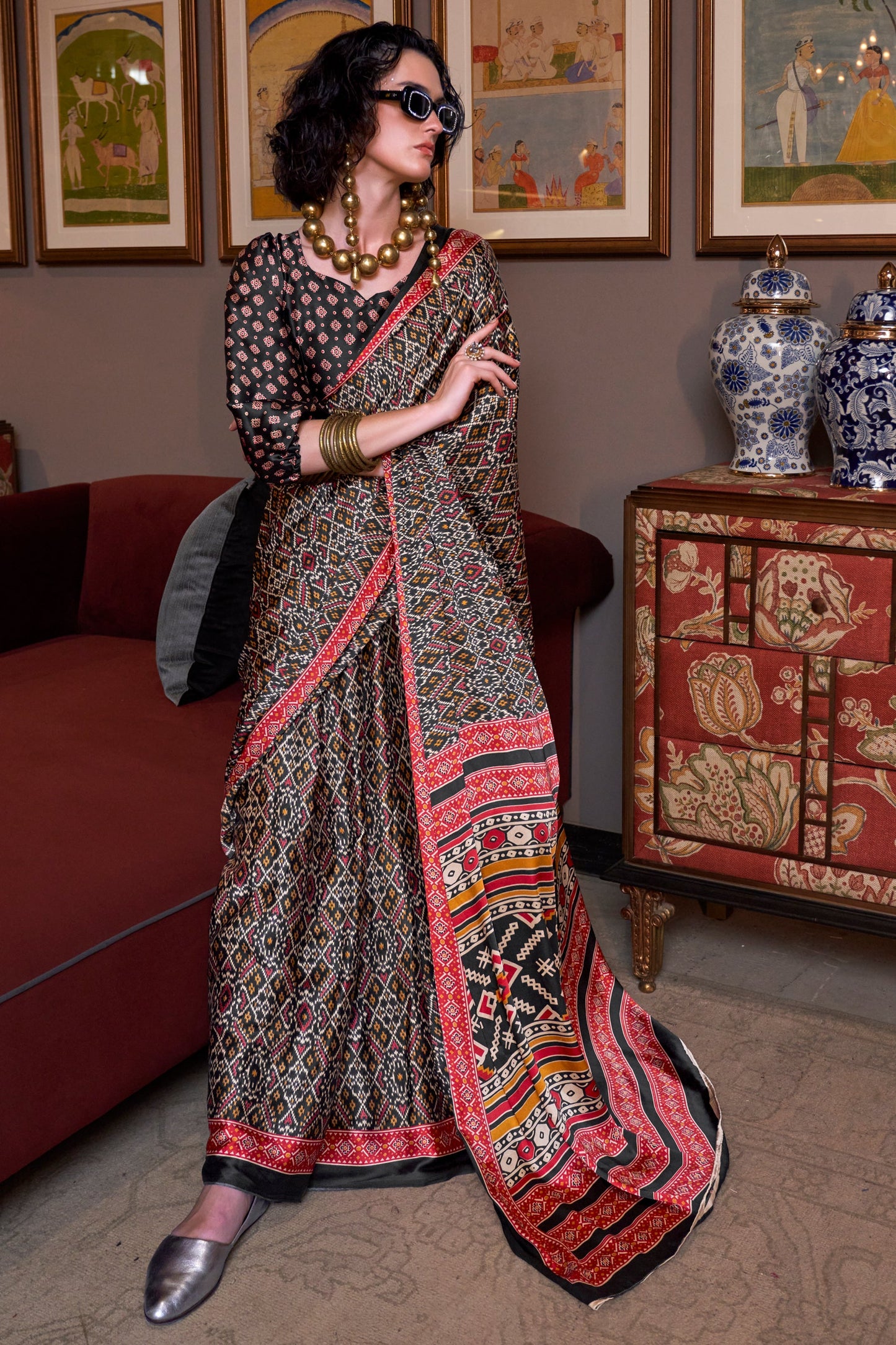 Black Satin Crepe Patola Print Saree-ZB133876_1_SareeButa.com