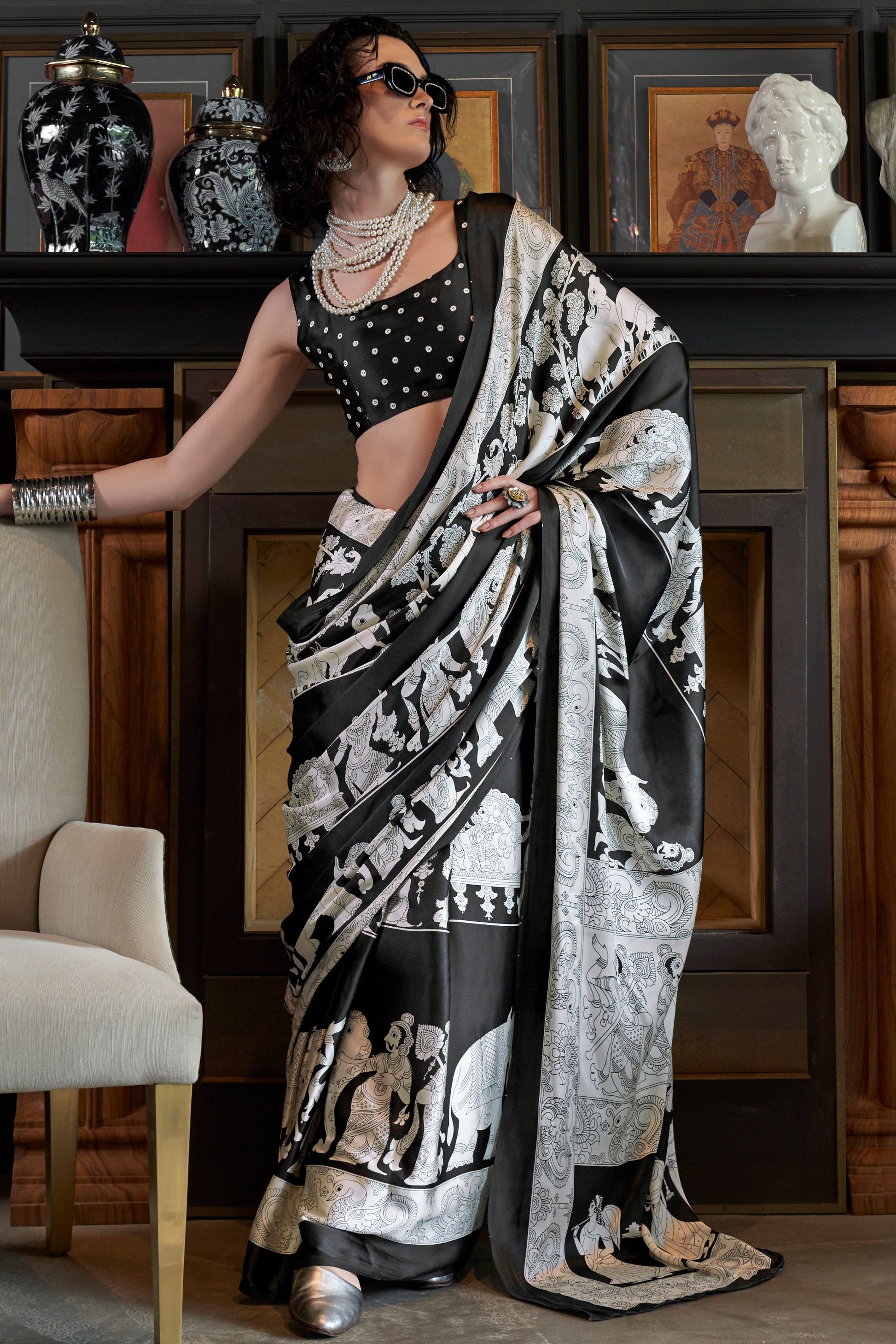 Black Satin Crepe Print Saree-ZB133880_1_SareeButa.com