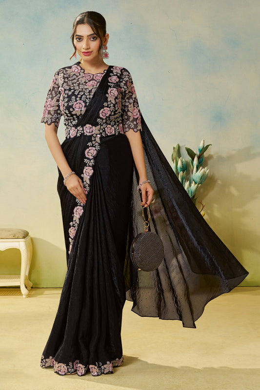 Black Satin Silk Readymade Saree-SAR11147_1_SareeButa.com