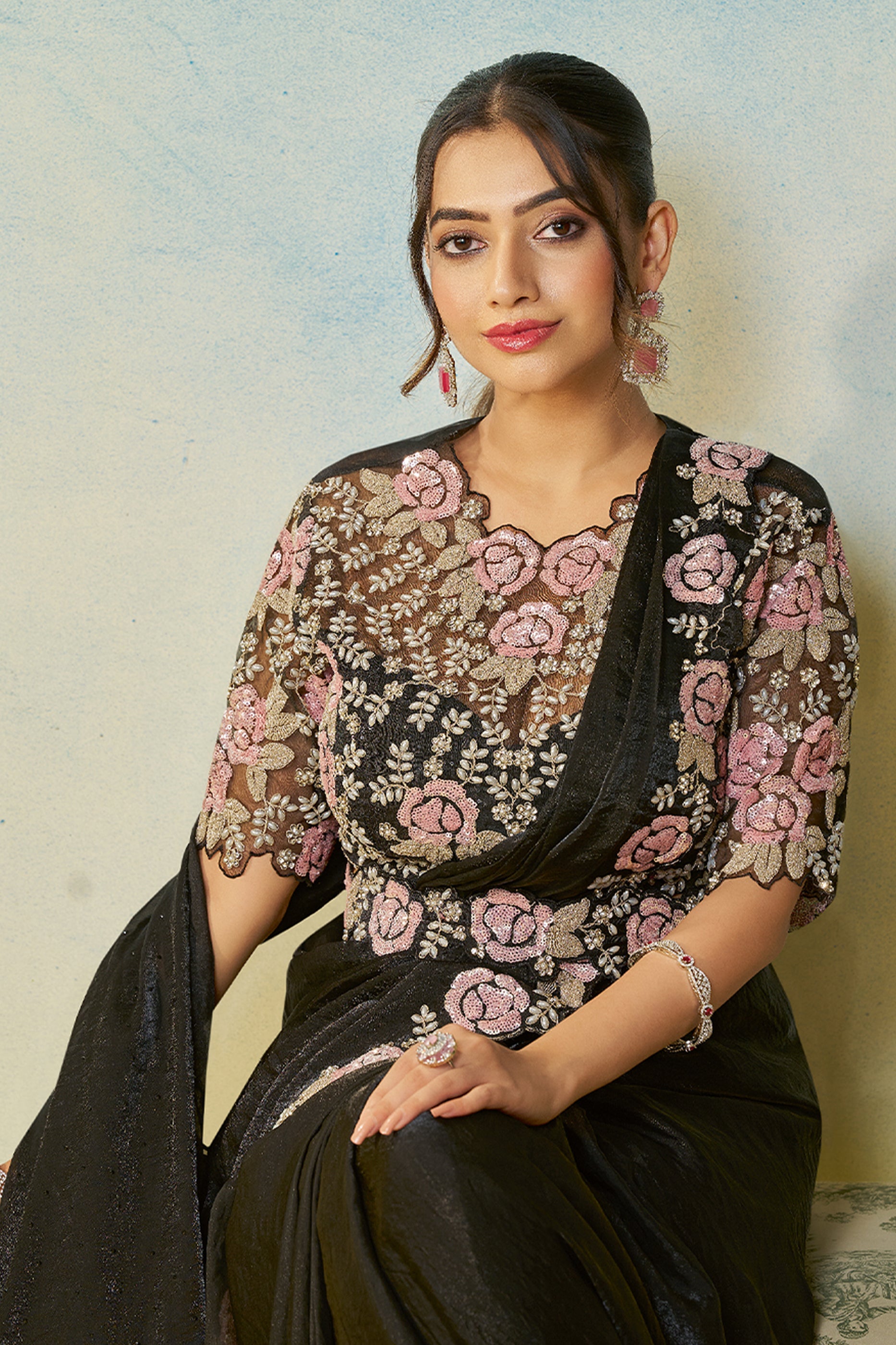 Black Satin Silk Readymade Saree-SAR11147_2_SareeButa.com