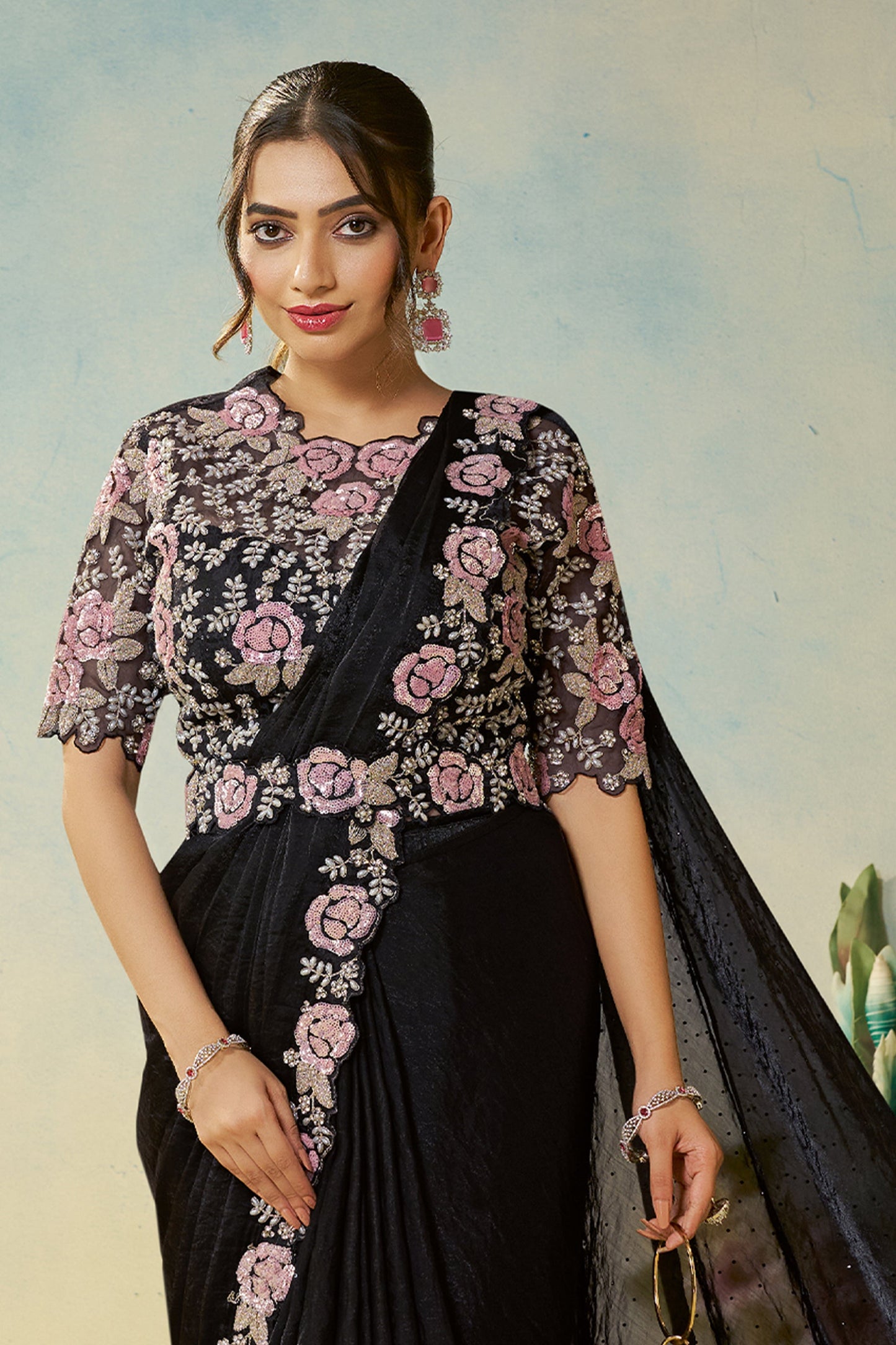 Black Satin Silk Readymade Saree-SAR11147_4_SareeButa.com