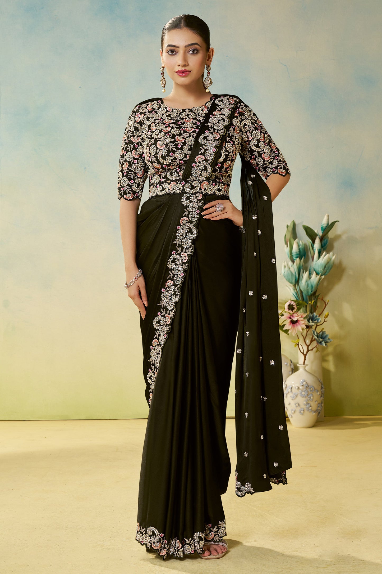 Black Satin Silk Readymade Saree-SAR11151_1_SareeButa.com