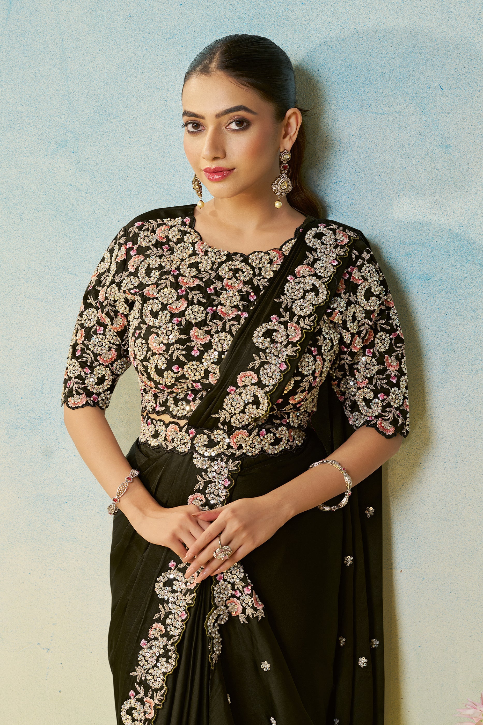 Black Satin Silk Readymade Saree-SAR11151_2_SareeButa.com