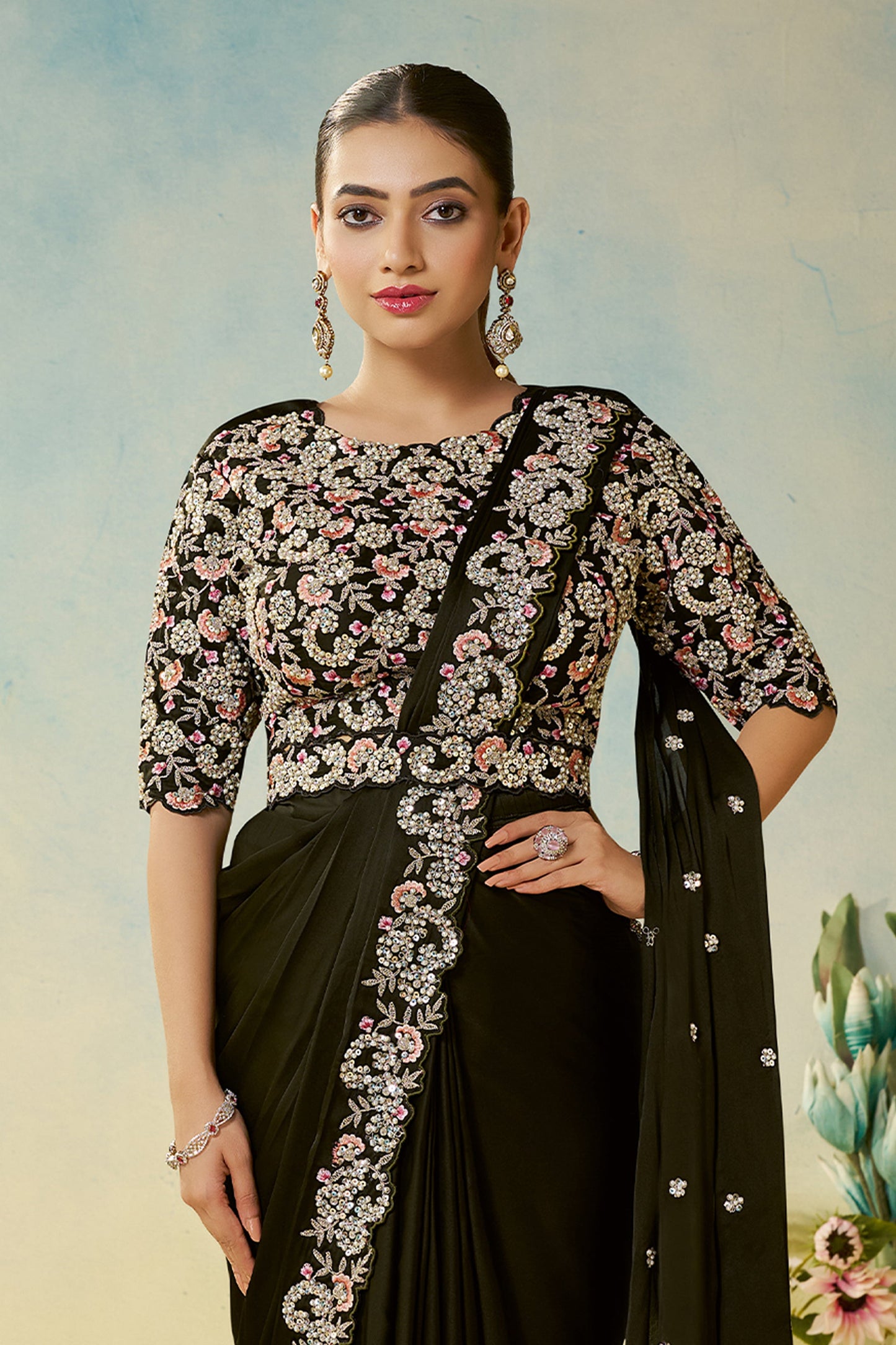 Black Satin Silk Readymade Saree-SAR11151_3_SareeButa.com