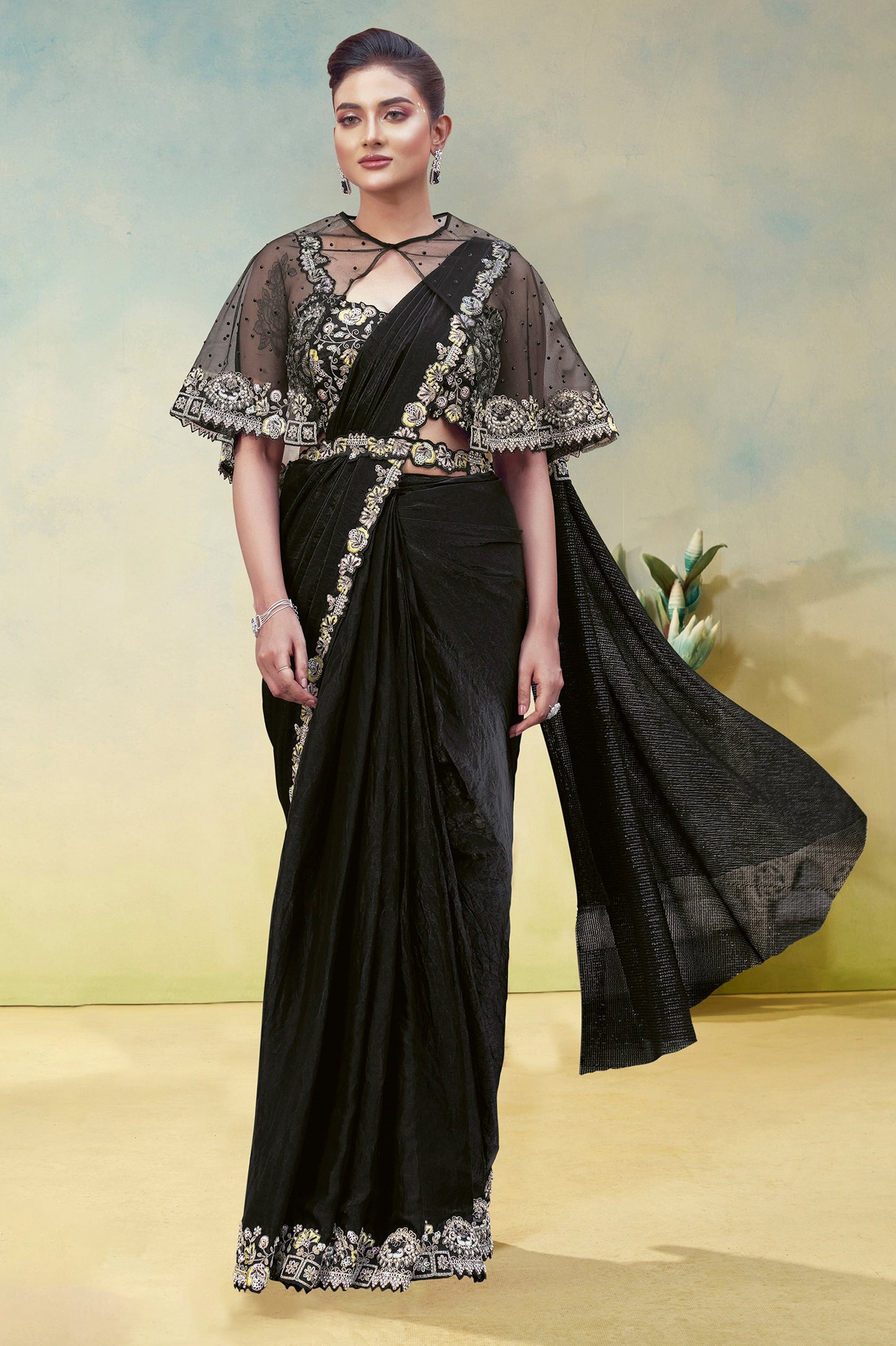 Black Satin Silk Readymade Saree-SAR11156_1_SareeButa.com