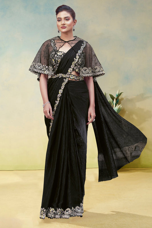 Black Satin Silk Readymade Saree-SAR11156_1_SareeButa.com