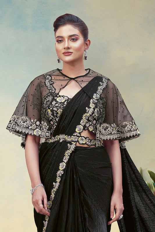 Black Satin Silk Readymade Saree-SAR11156_2_SareeButa.com