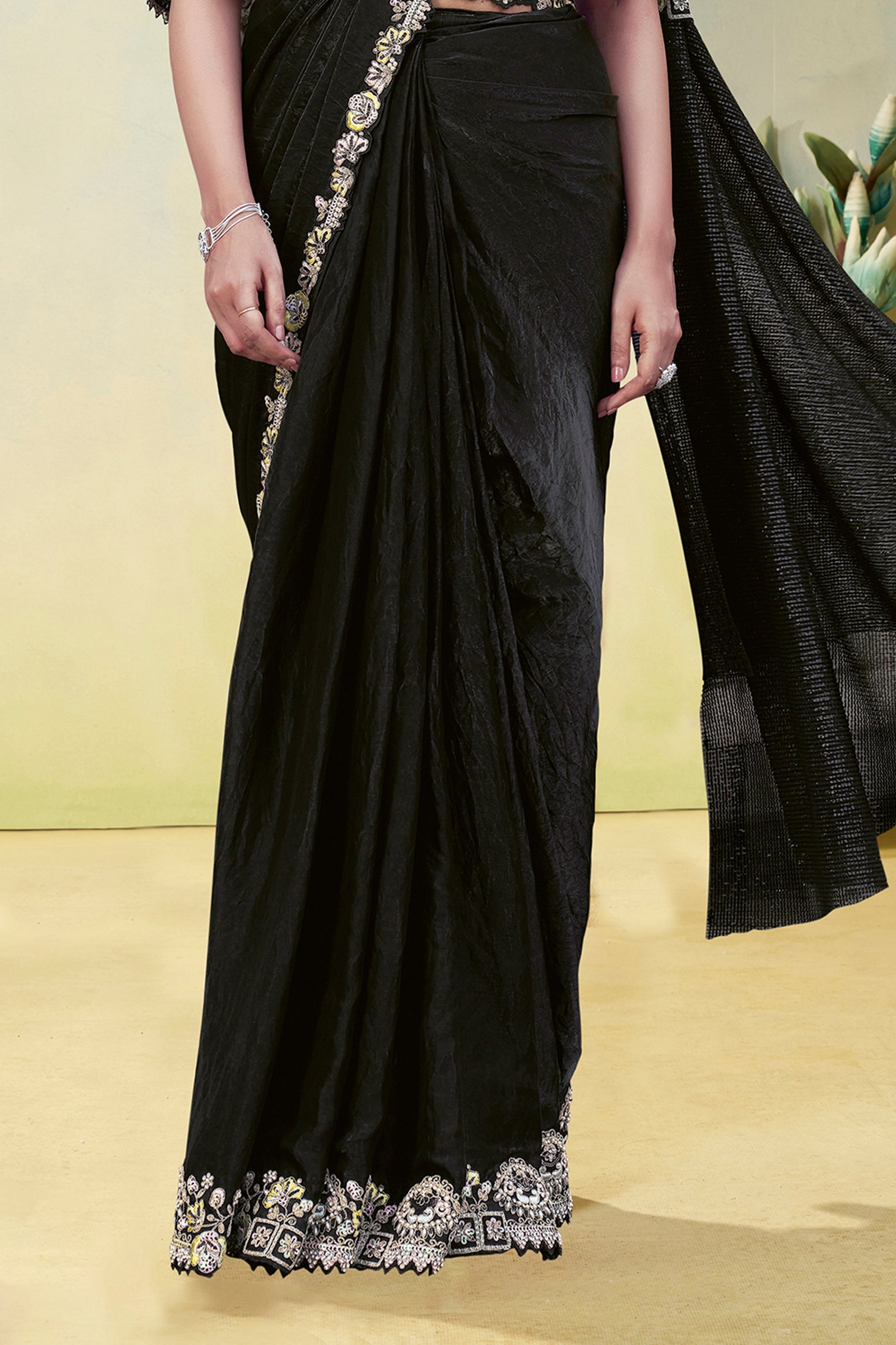 Black Satin Silk Readymade Saree-SAR11156_3_SareeButa.com