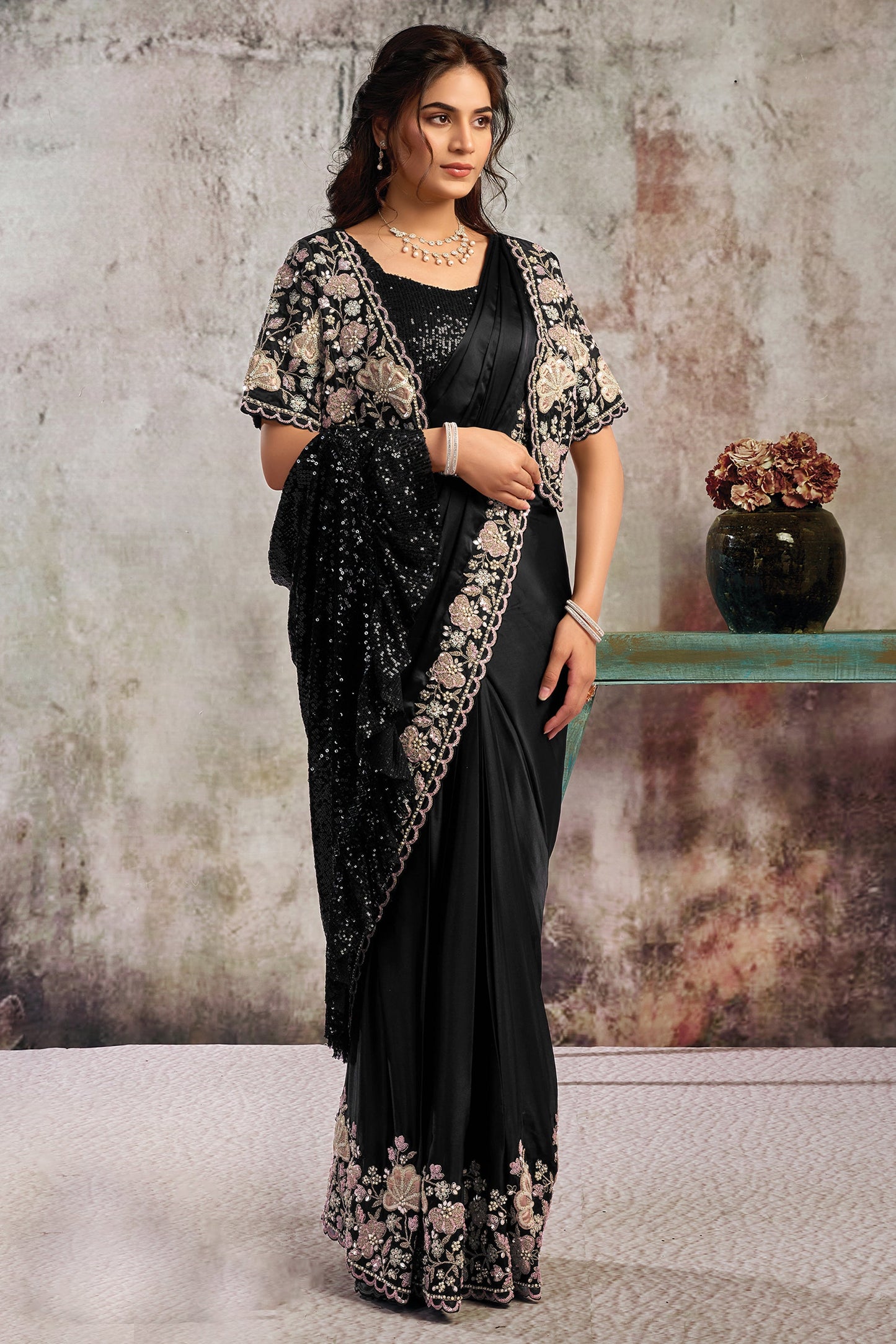 Black Satin Silk Readymade Saree with Stitched Blouse-SAR12108_1_SareeButa.com