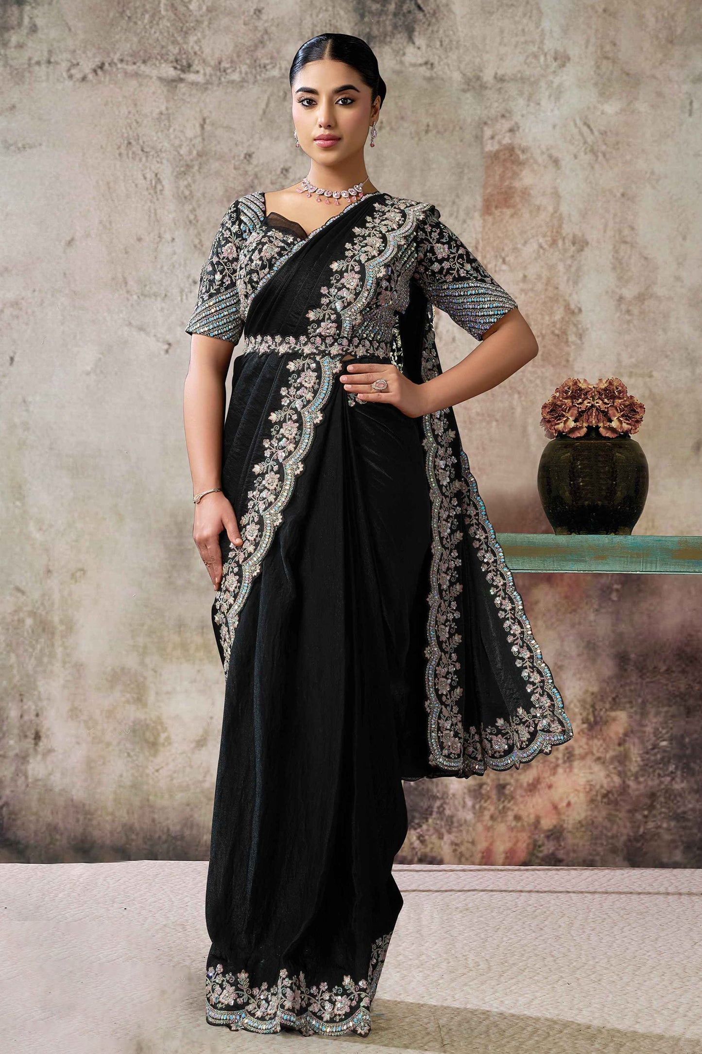 Black Satin Silk Readymade Saree with Stitched Blouse-SAR12110_1_SareeButa.com