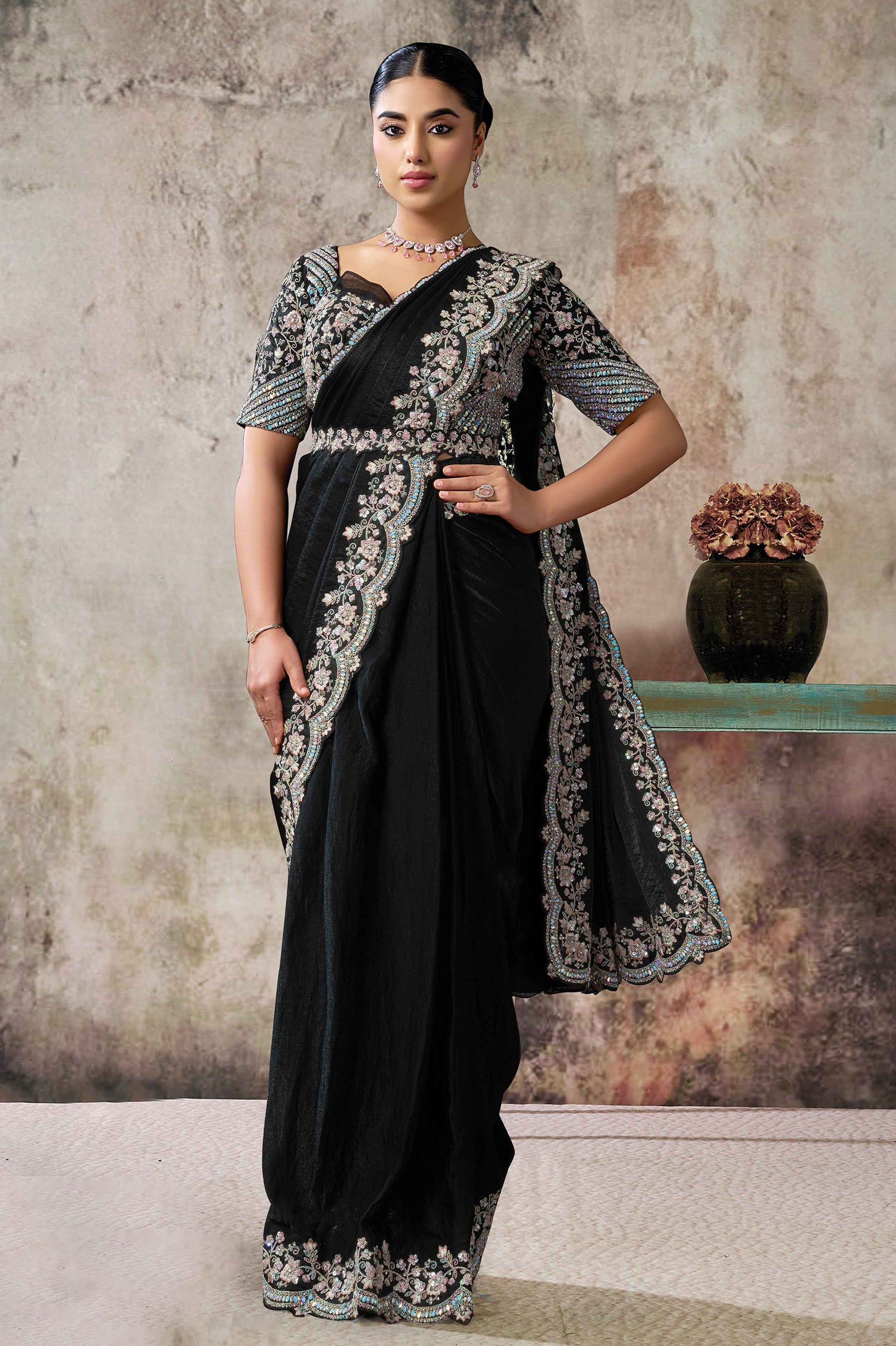 Black Satin Silk Readymade Saree with Stitched Blouse-SAR12110_1_SareeButa.com