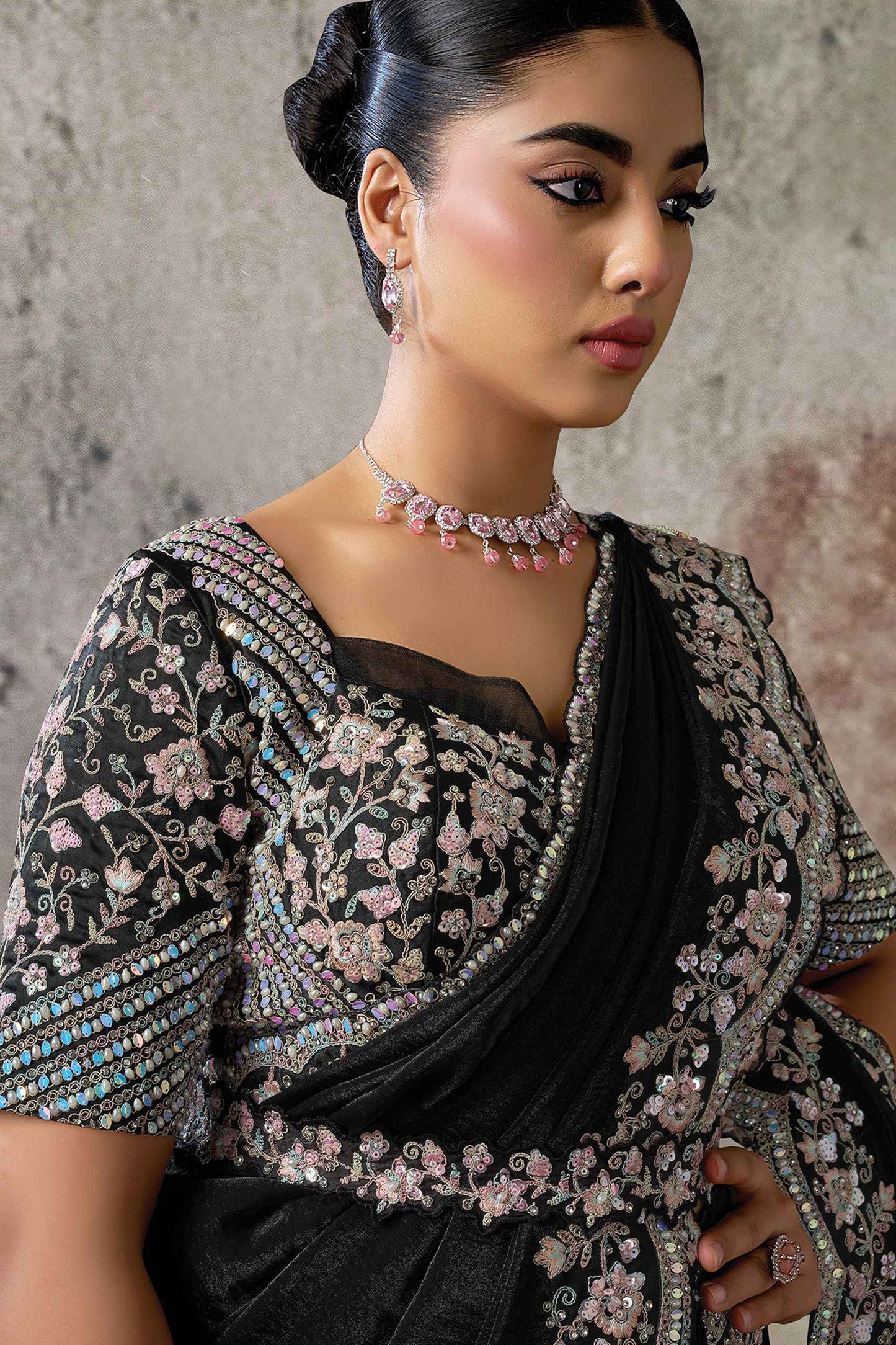 Black Satin Silk Readymade Saree with Stitched Blouse-SAR12110_2_SareeButa.com