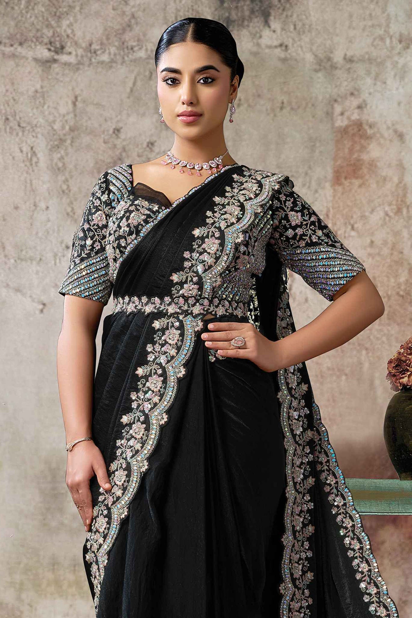 Black Satin Silk Readymade Saree with Stitched Blouse-SAR12110_3_SareeButa.com