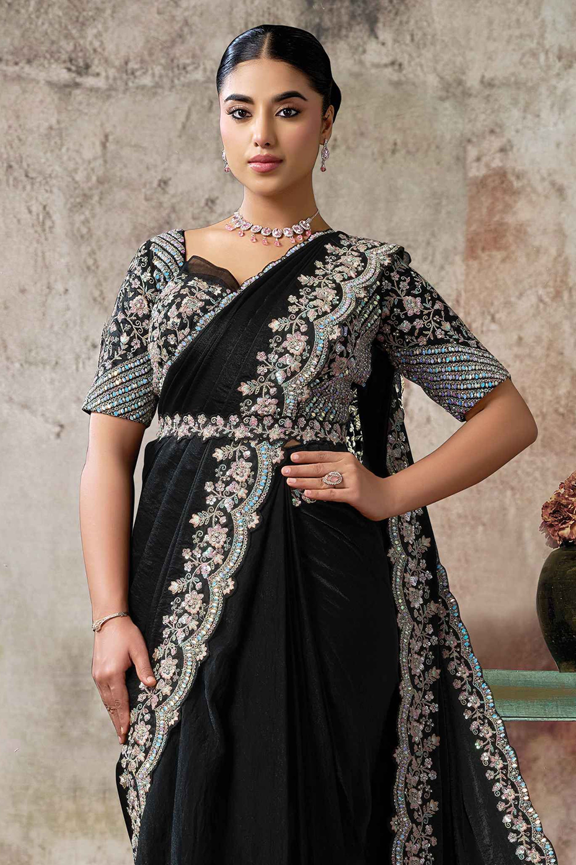 Black Satin Silk Readymade Saree with Stitched Blouse-SAR12110_3_SareeButa.com